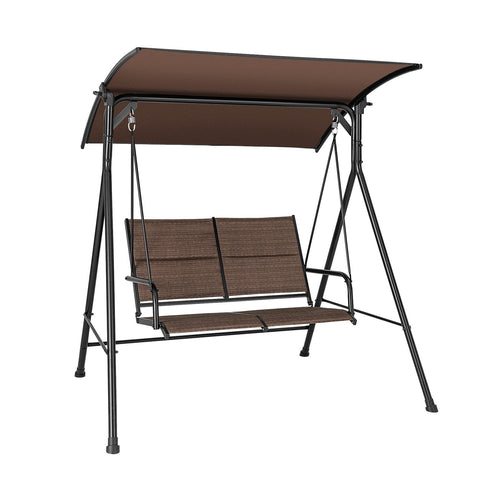 2 Person Porch Swing with Adjustable Canopy and Padded Seat, Brown