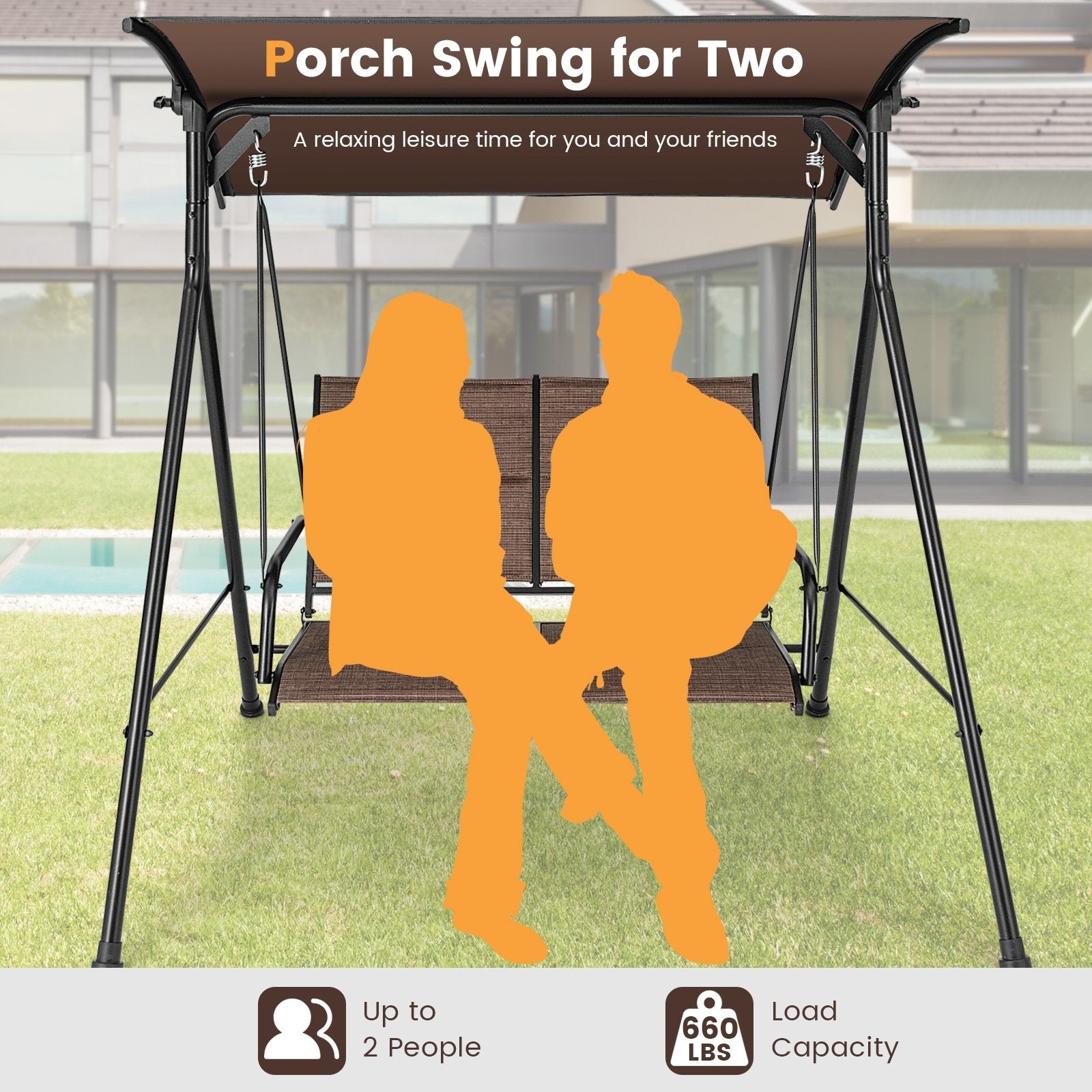 2 Person Porch Swing with Adjustable Canopy and Padded Seat, Brown Porch Swings   at Gallery Canada