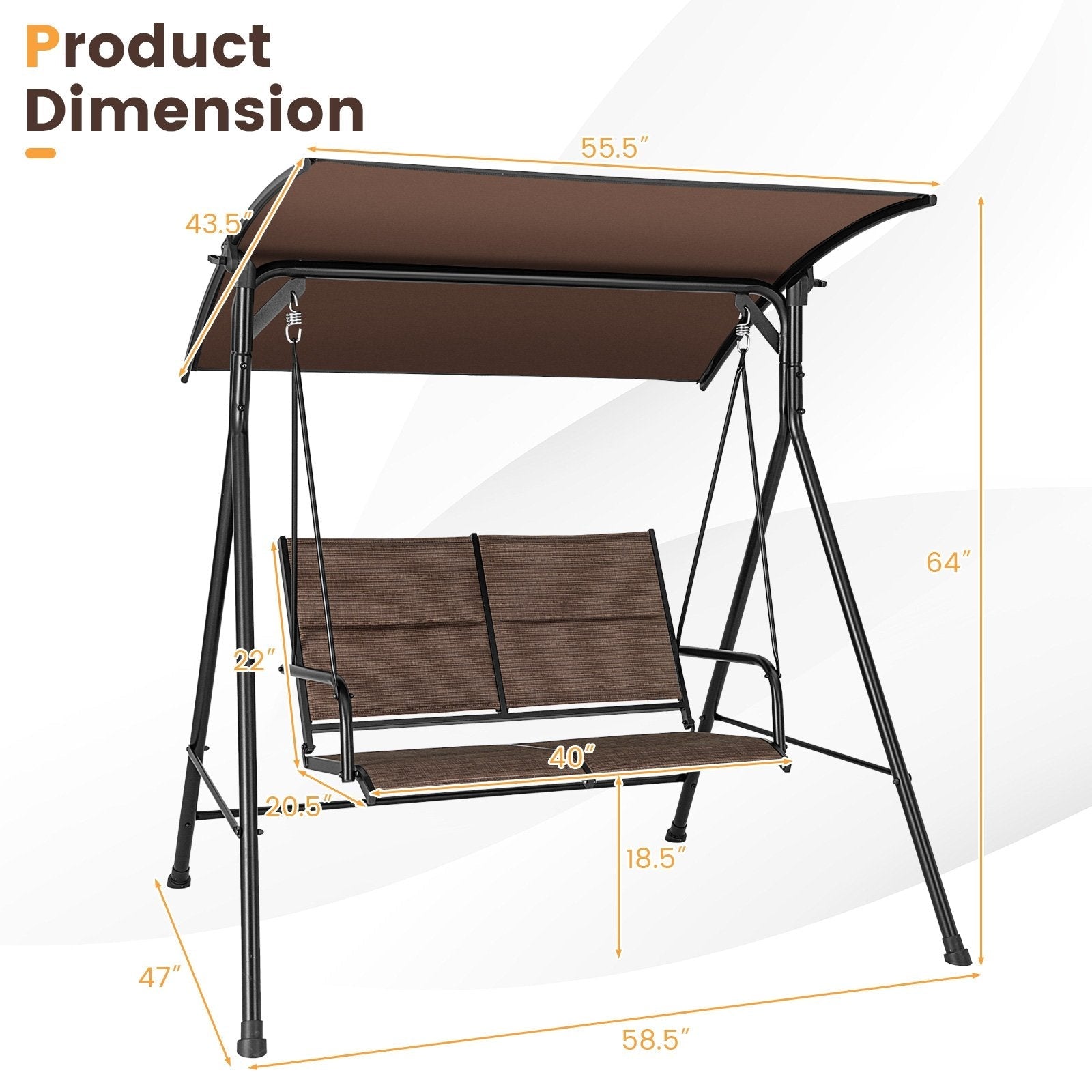 2 Person Porch Swing with Adjustable Canopy and Padded Seat, Brown Porch Swings   at Gallery Canada