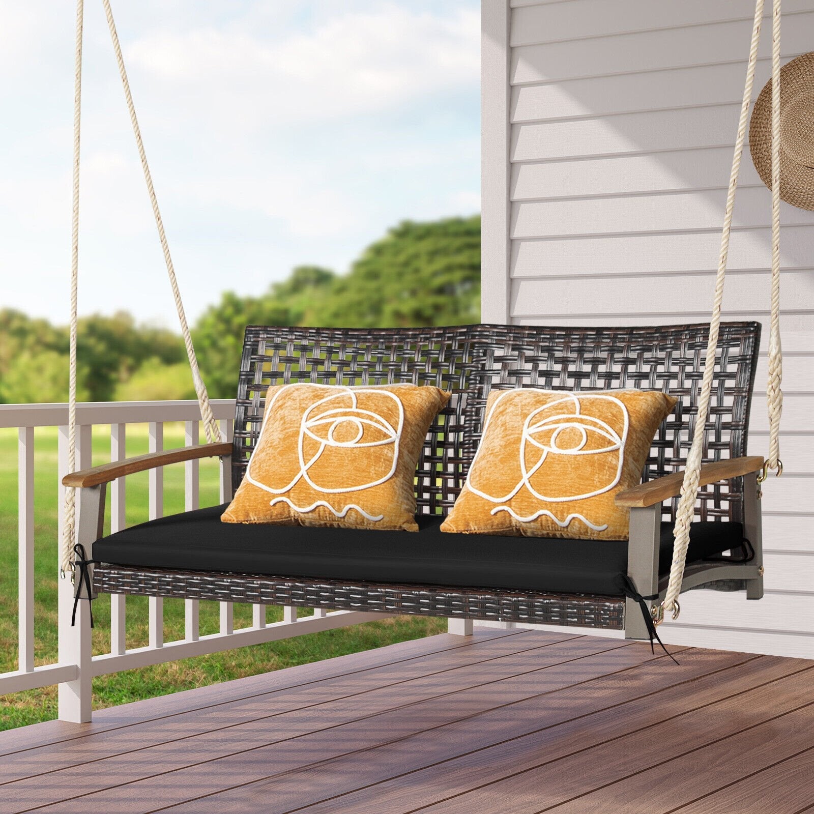 2-Person Rattan Hanging Porch Swing Chair, Black Porch Swings   at Gallery Canada