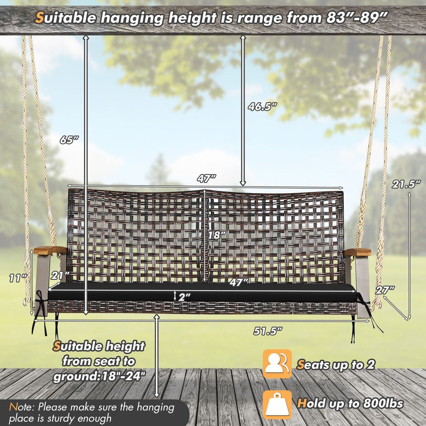 2-Person Rattan Hanging Porch Swing Chair, Black Porch Swings   at Gallery Canada