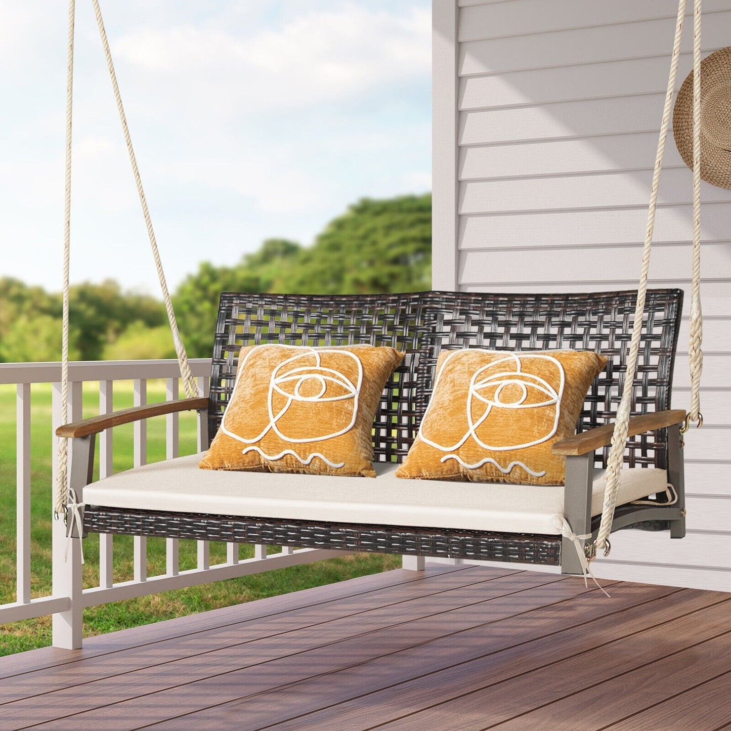 2-Person Rattan Hanging Porch Swing Chair, Off White Porch Swings   at Gallery Canada