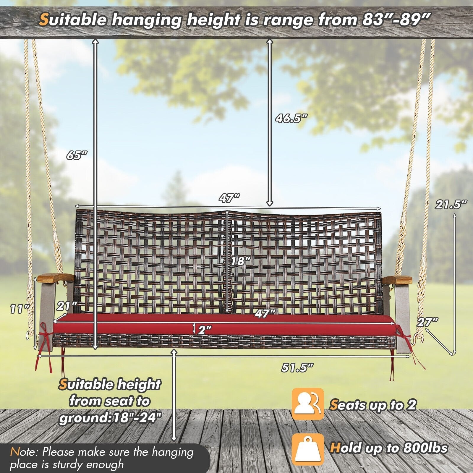 2-Person Rattan Hanging Porch Swing Chair, Red Porch Swings   at Gallery Canada