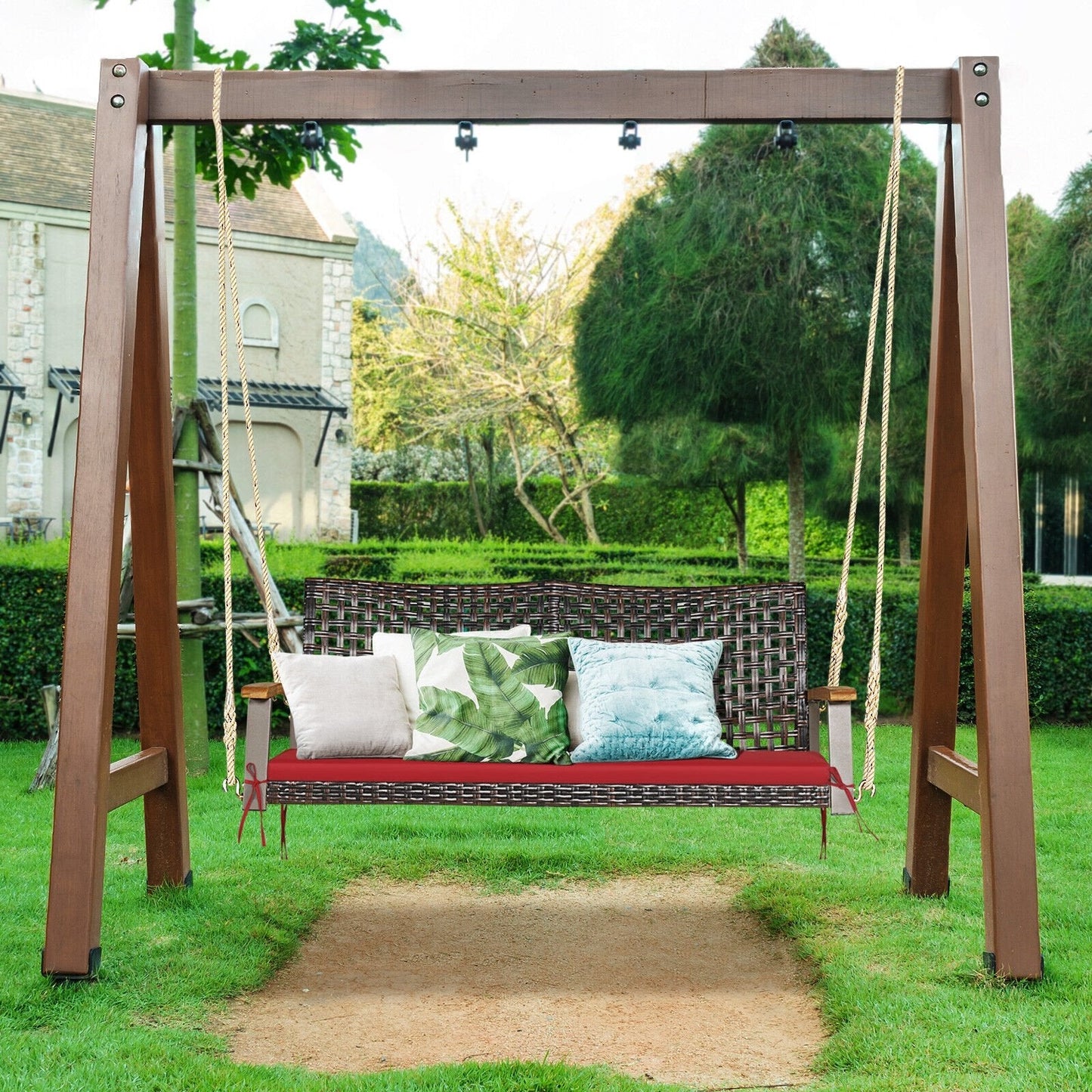 2-Person Rattan Hanging Porch Swing Chair, Red Porch Swings   at Gallery Canada