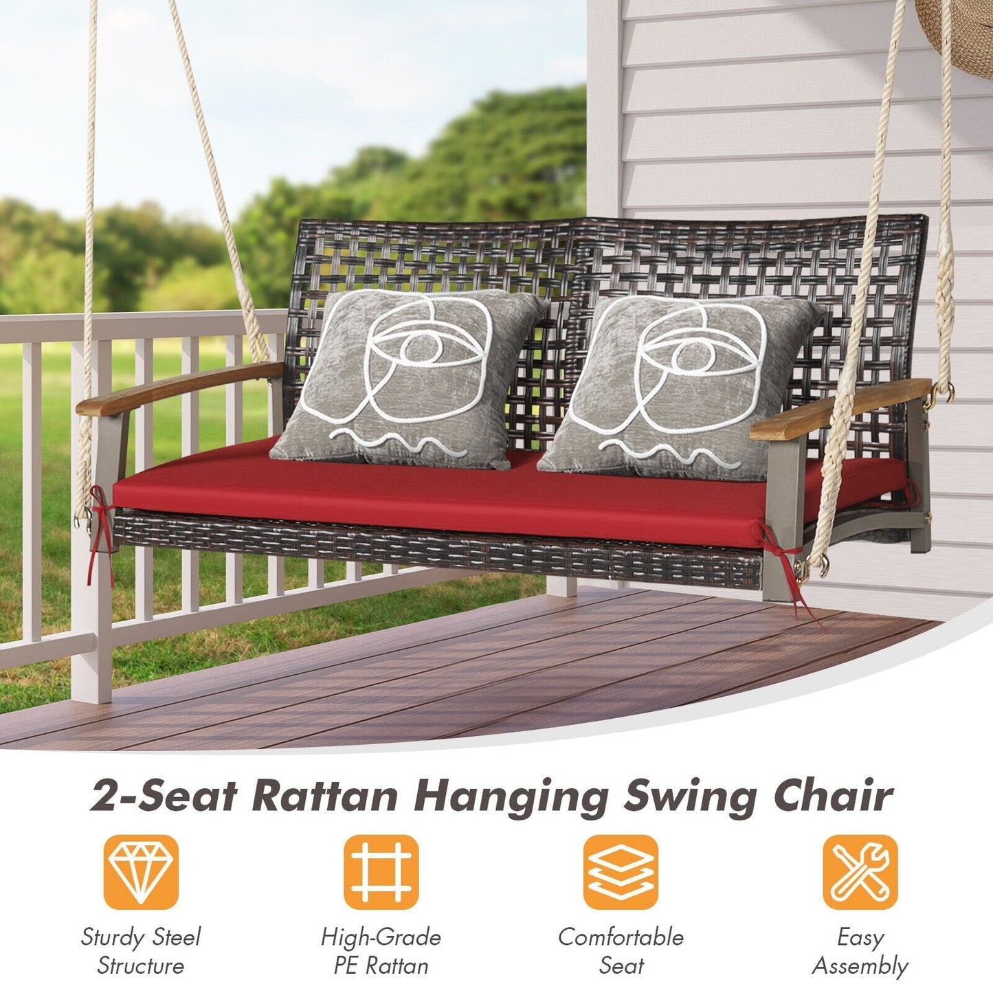 2-Person Rattan Hanging Porch Swing Chair, Red Porch Swings   at Gallery Canada