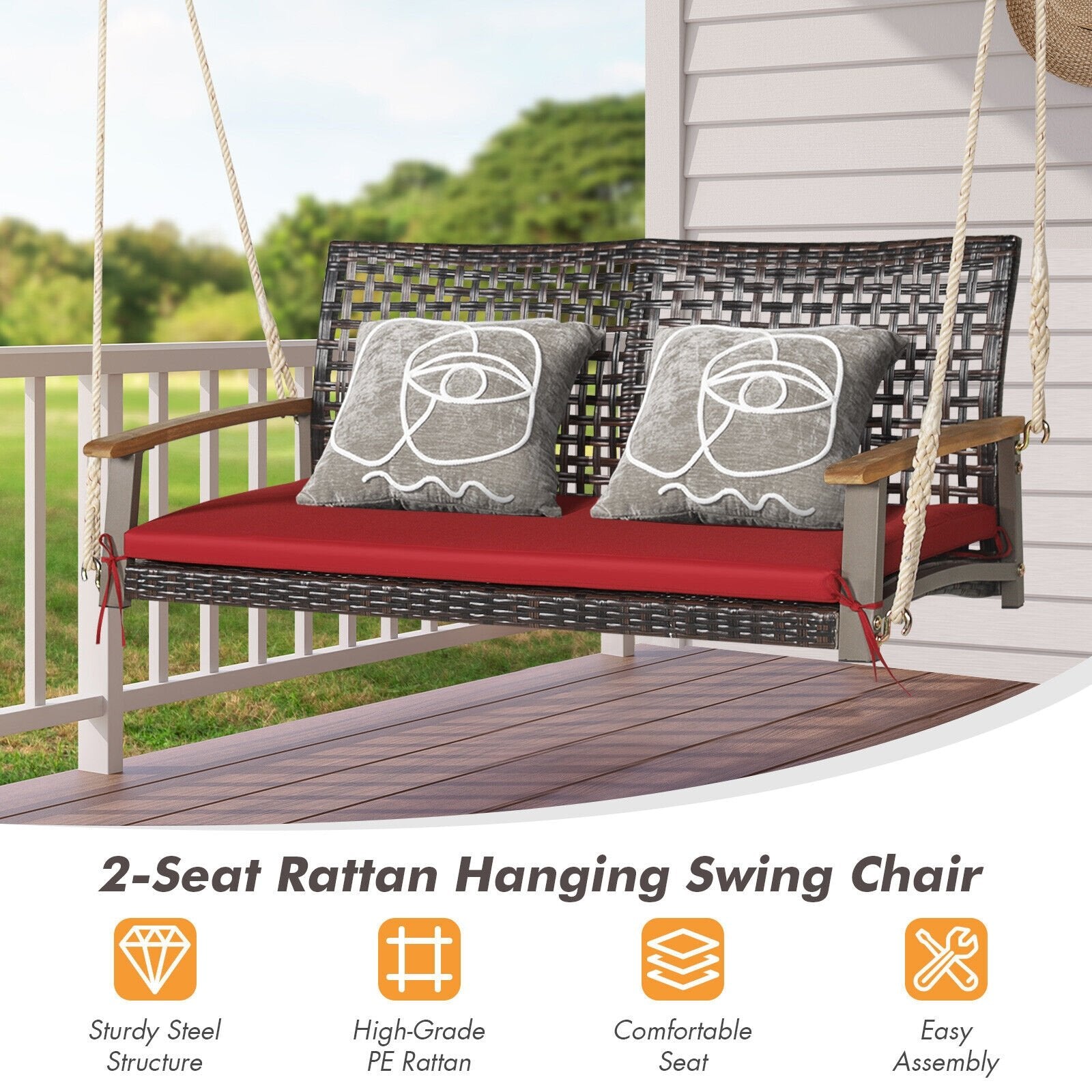 2-Person Rattan Hanging Porch Swing Chair, Red Porch Swings   at Gallery Canada