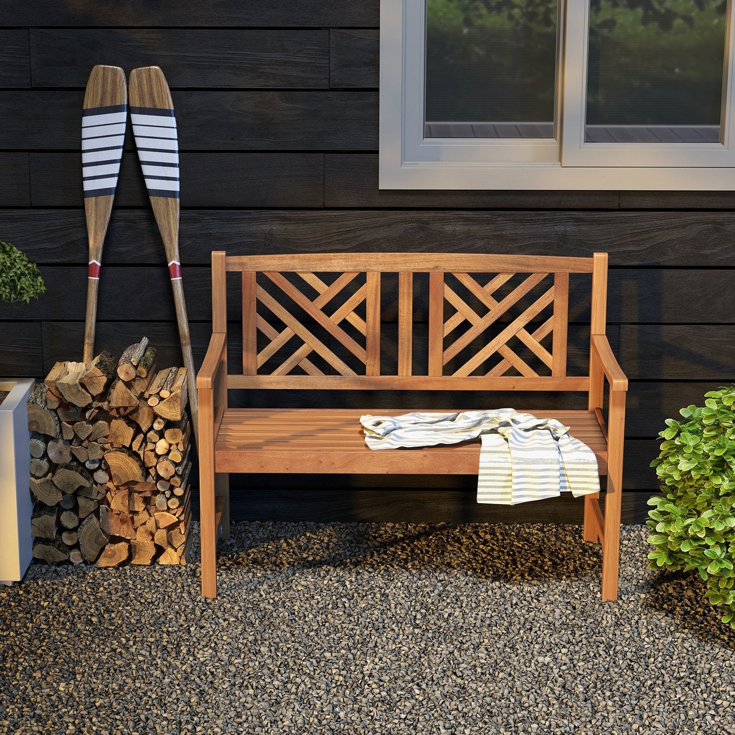 2-Person Wood Outdoor Bench with Cozy Armrest and Backrest, Brown Outdoor Benches   at Gallery Canada