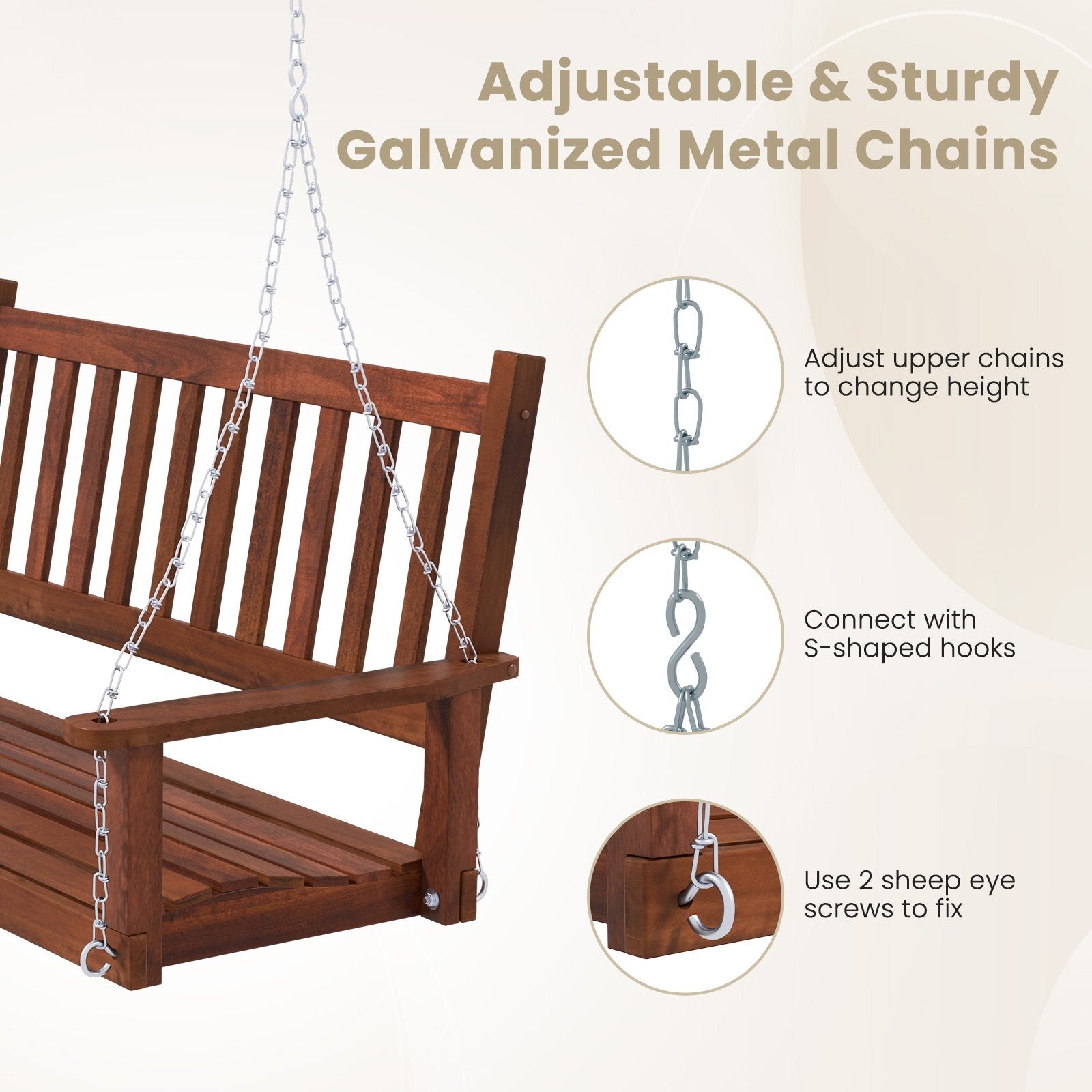 2-Person Wooden Outdoor Porch Swing with 500 lbs Weight Capacity, Brown Porch Swings   at Gallery Canada