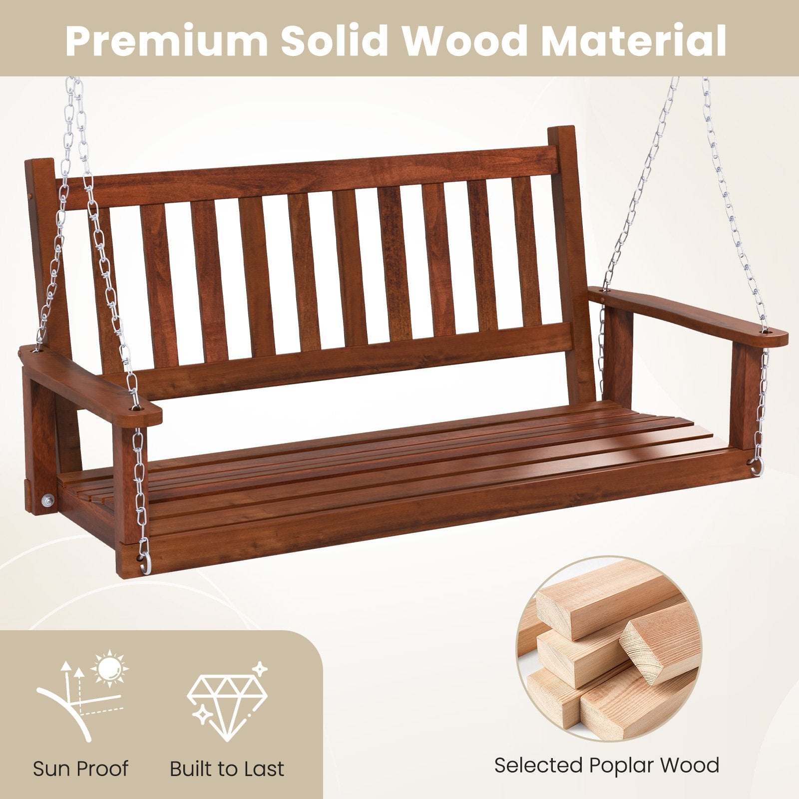 2-Person Wooden Outdoor Porch Swing with 500 lbs Weight Capacity, Brown Porch Swings   at Gallery Canada