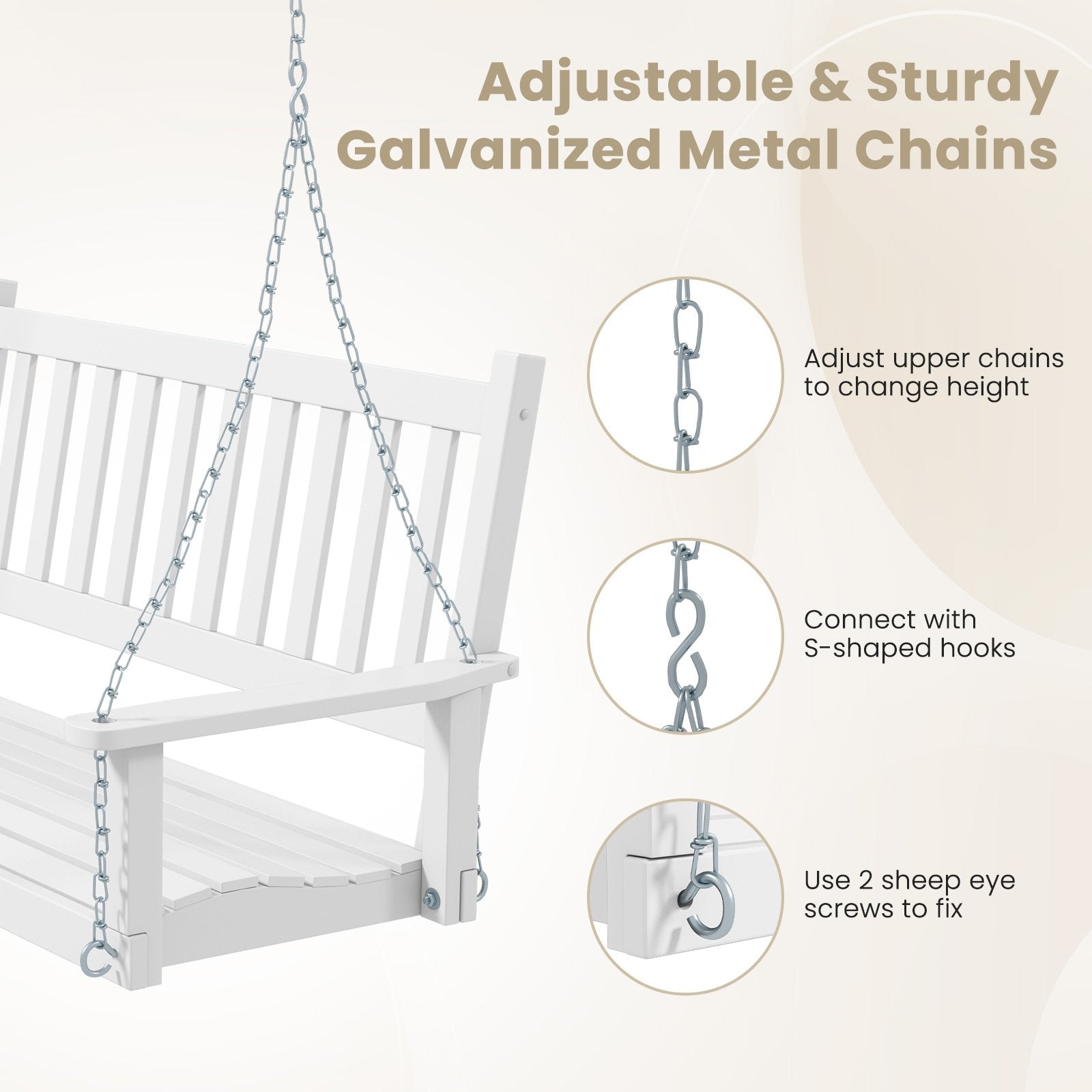 2-Person Wooden Outdoor Porch Swing with 500 lbs Weight Capacity, White Porch Swings   at Gallery Canada