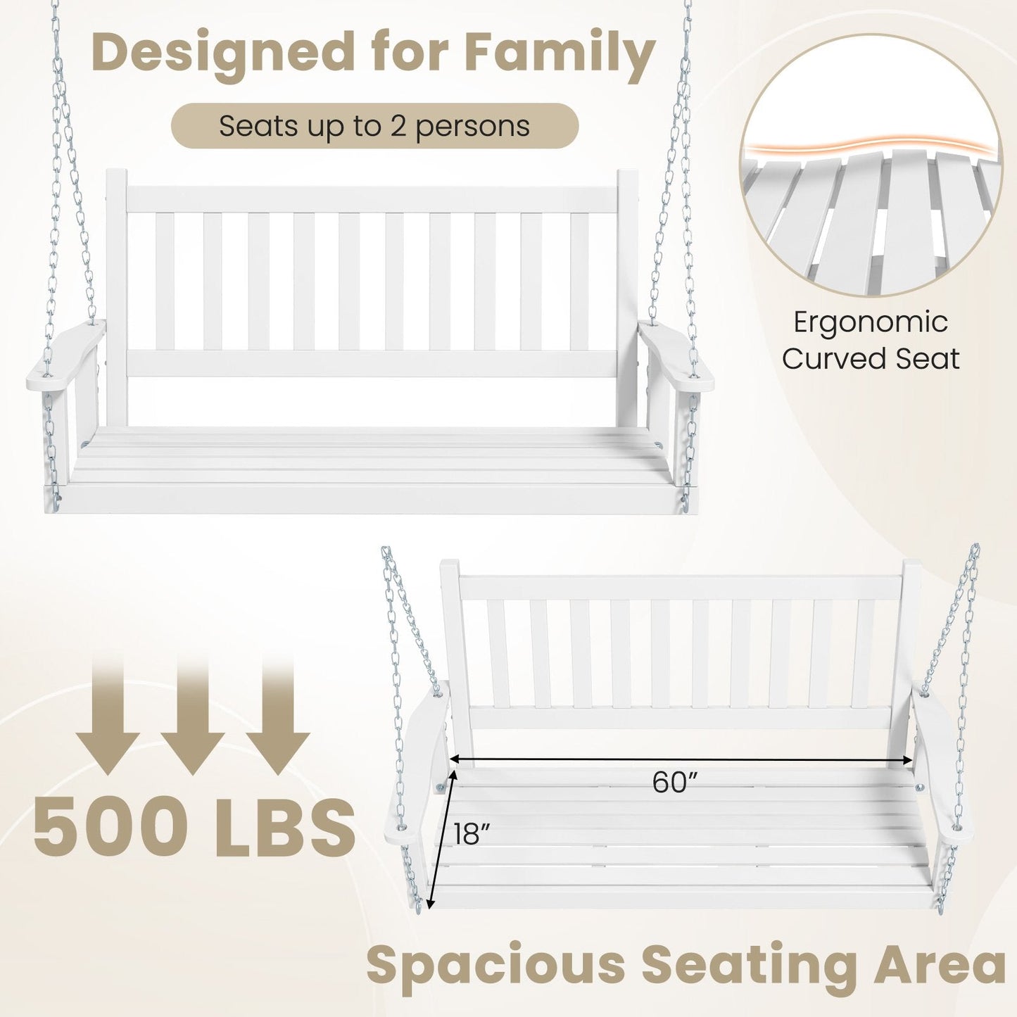 2-Person Wooden Outdoor Porch Swing with 500 lbs Weight Capacity, White Porch Swings   at Gallery Canada