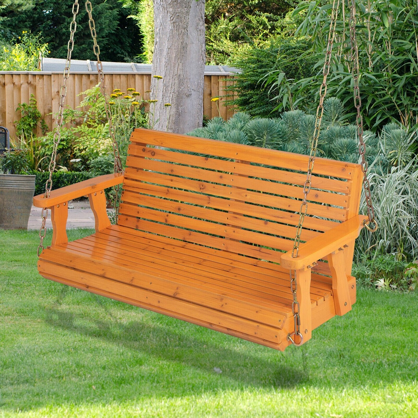 2-Person Wooden Porch Swing with Hanging Chains for Garden Yard, Orange Porch Swings   at Gallery Canada