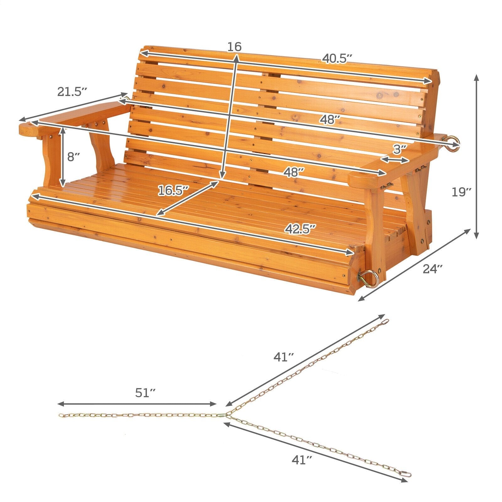 2-Person Wooden Porch Swing with Hanging Chains for Garden Yard, Orange Porch Swings   at Gallery Canada