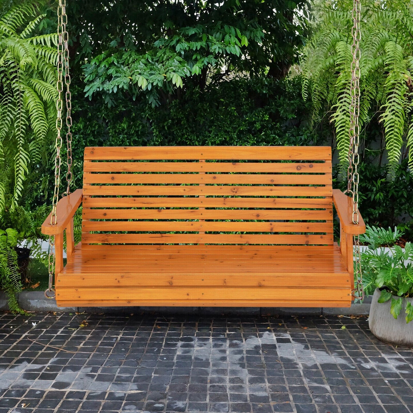 2-Person Wooden Porch Swing with Hanging Chains for Garden Yard, Orange Porch Swings   at Gallery Canada