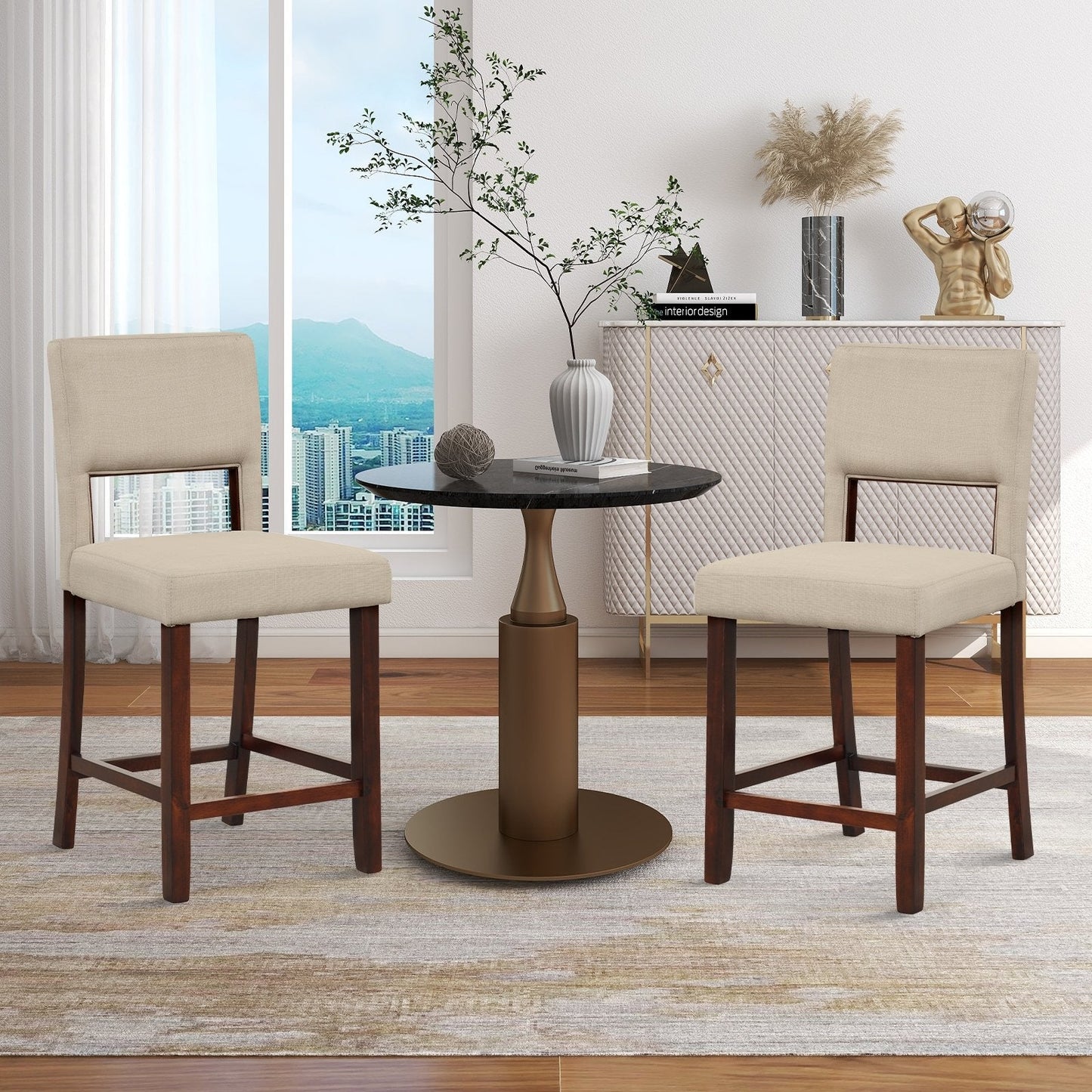 2 Piece Bar Chair Set with Hollowed Back and Rubber Wood Legs, Beige Bar Stools   at Gallery Canada