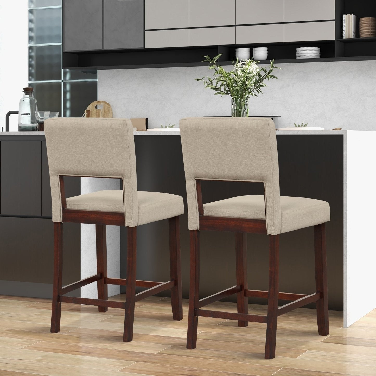 2 Piece Bar Chair Set with Hollowed Back and Rubber Wood Legs, Beige Bar Stools   at Gallery Canada