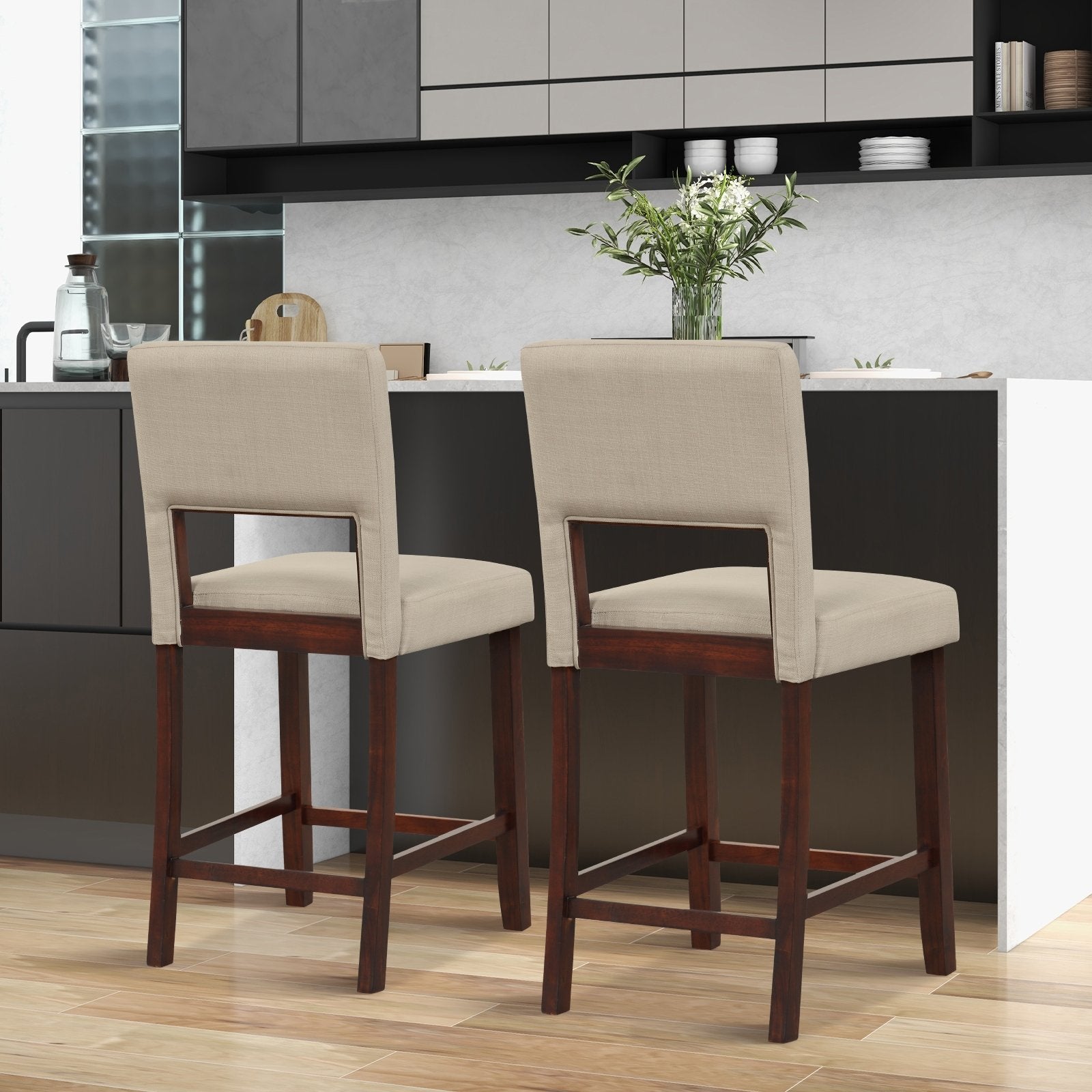 2 Piece Bar Chair Set with Hollowed Back and Rubber Wood Legs, Beige Bar Stools   at Gallery Canada