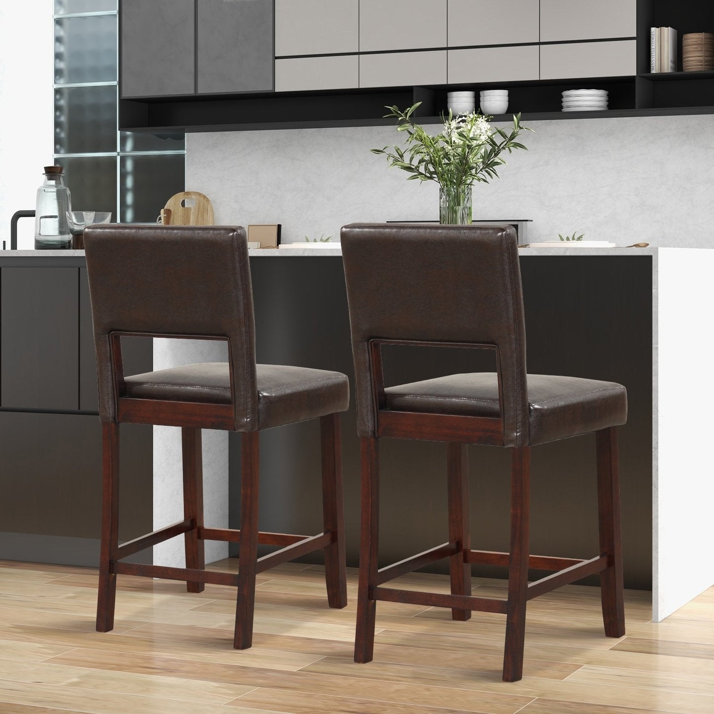 2 Piece Bar Chair Set with Hollowed Back and Rubber Wood Legs, Brown Bar Stools   at Gallery Canada