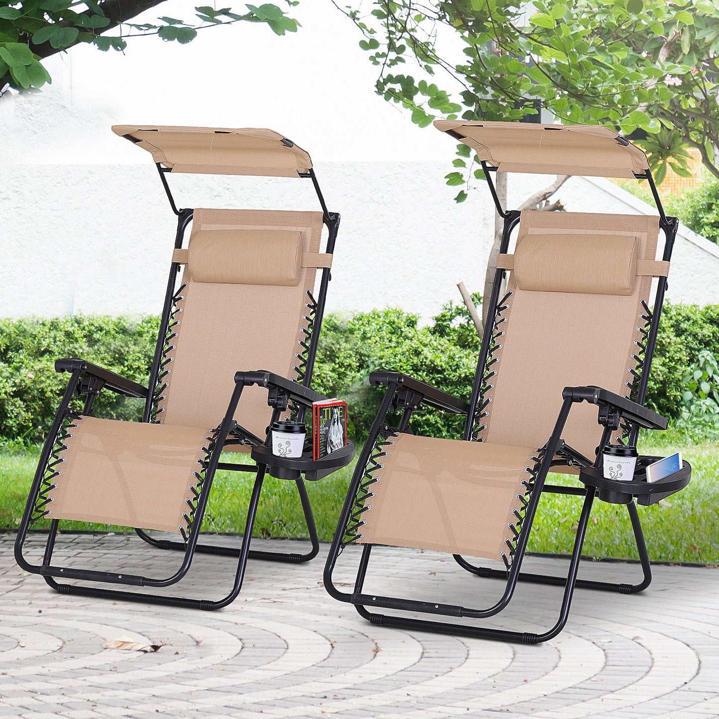 Foldable Zero Gravity Lounge Chair with Canopy, Tray & Cup Holder, Beige Lounger Chairs Beige  at Gallery Canada