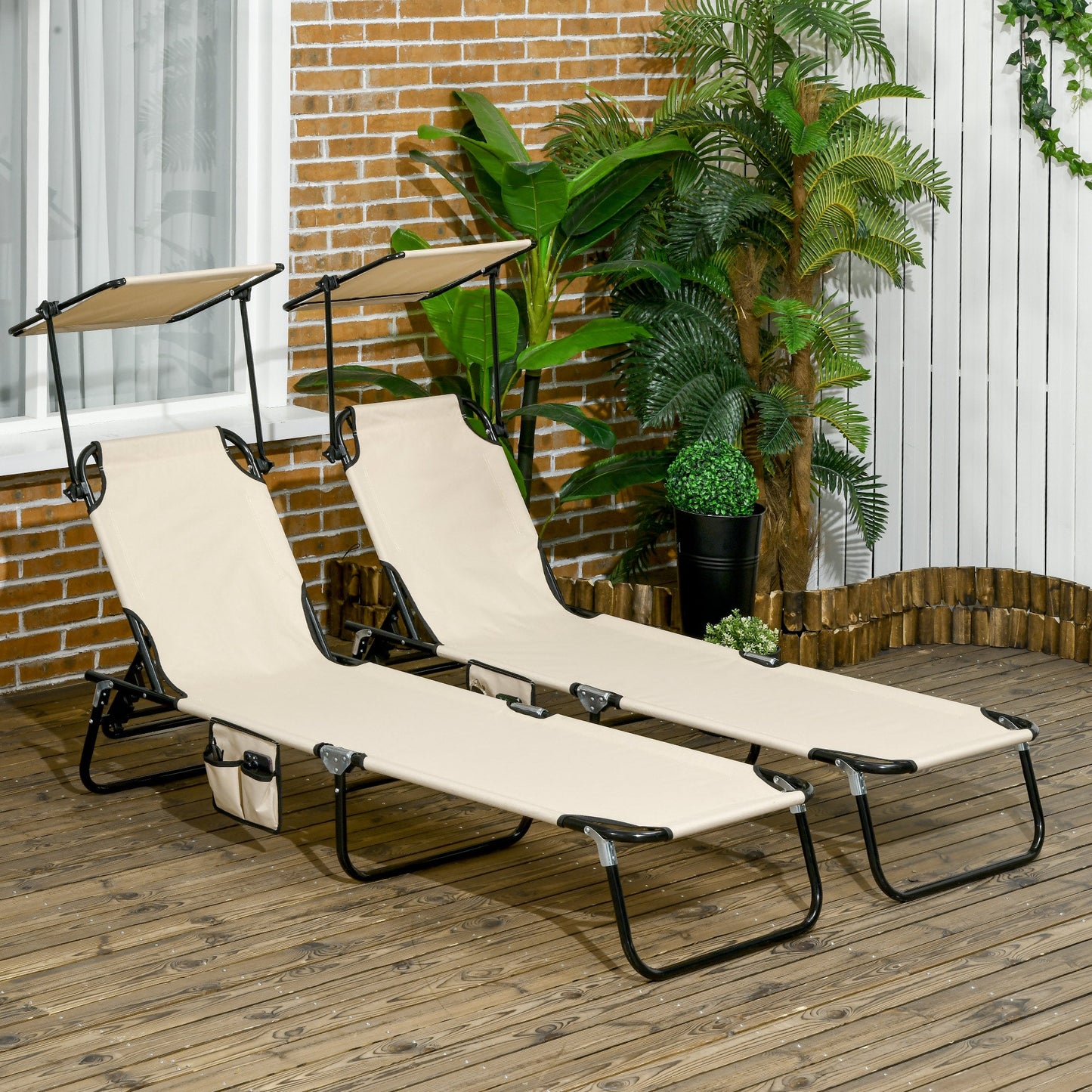 2 Piece Folding Outdoor Chaise Lounges, Pool, Sun, Tanning Chairs with Reclining Back, Sunshade for Beach, Patio, Tan Lounger Chairs Multi Colour  at Gallery Canada