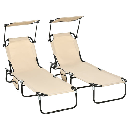 2 Piece Folding Outdoor Chaise Lounges, Pool, Sun, Tanning Chairs with Reclining Back, Sunshade for Beach, Patio, Tan