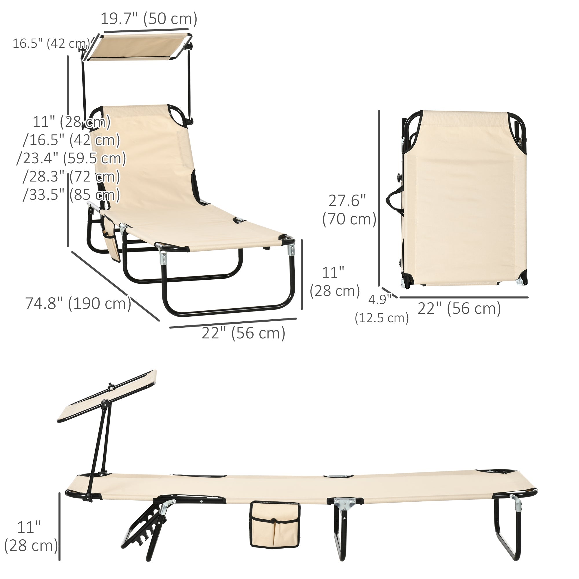 2 Piece Folding Outdoor Chaise Lounges, Pool, Sun, Tanning Chairs with Reclining Back, Sunshade for Beach, Patio, Tan Lounger Chairs   at Gallery Canada