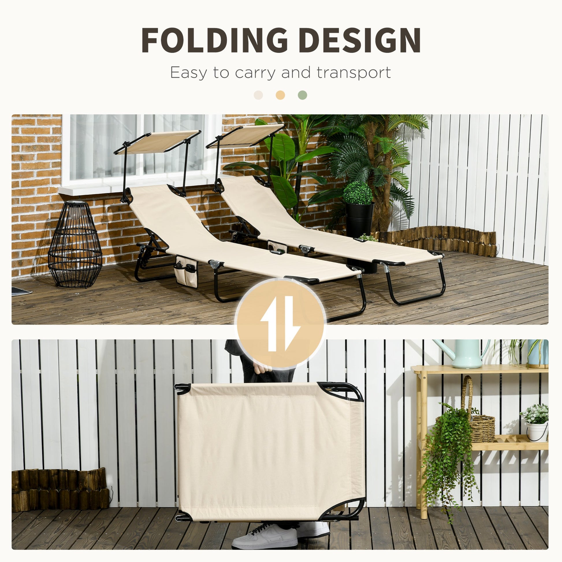 2 Piece Folding Outdoor Chaise Lounges, Pool, Sun, Tanning Chairs with Reclining Back, Sunshade for Beach, Patio, Tan Lounger Chairs   at Gallery Canada