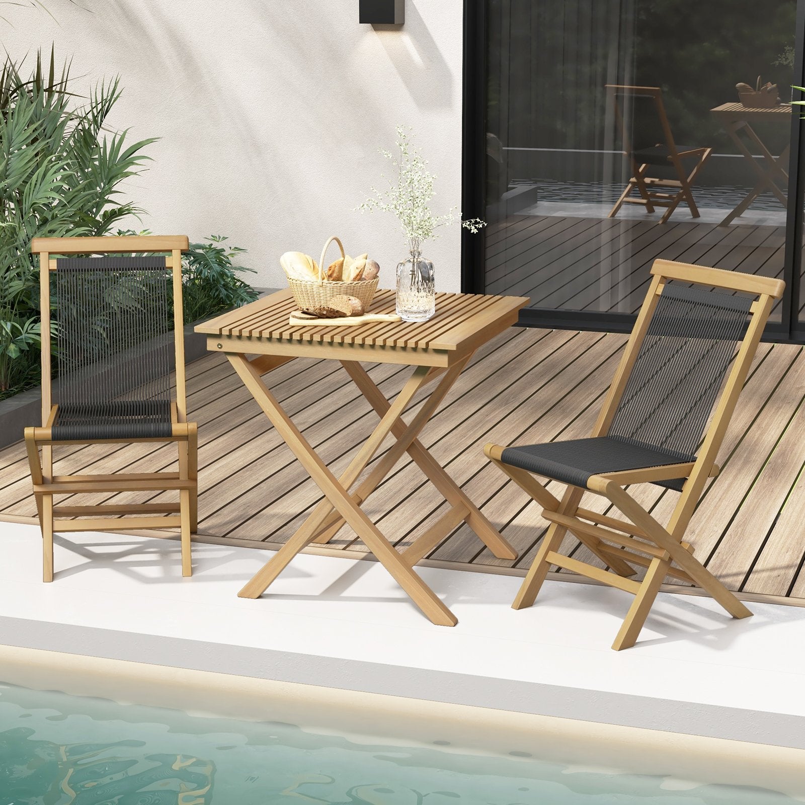 2 Piece Indonesia Teak Patio Folding Chairs with Woven Rope Seat and Back for Porch Backyard Poolside, Natural Patio Dining Chairs   at Gallery Canada