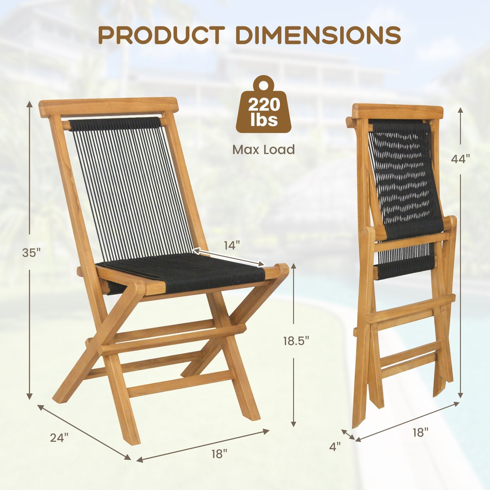 2 Piece Indonesia Teak Patio Folding Chairs with Woven Rope Seat and Back for Porch Backyard Poolside, Natural Patio Dining Chairs   at Gallery Canada