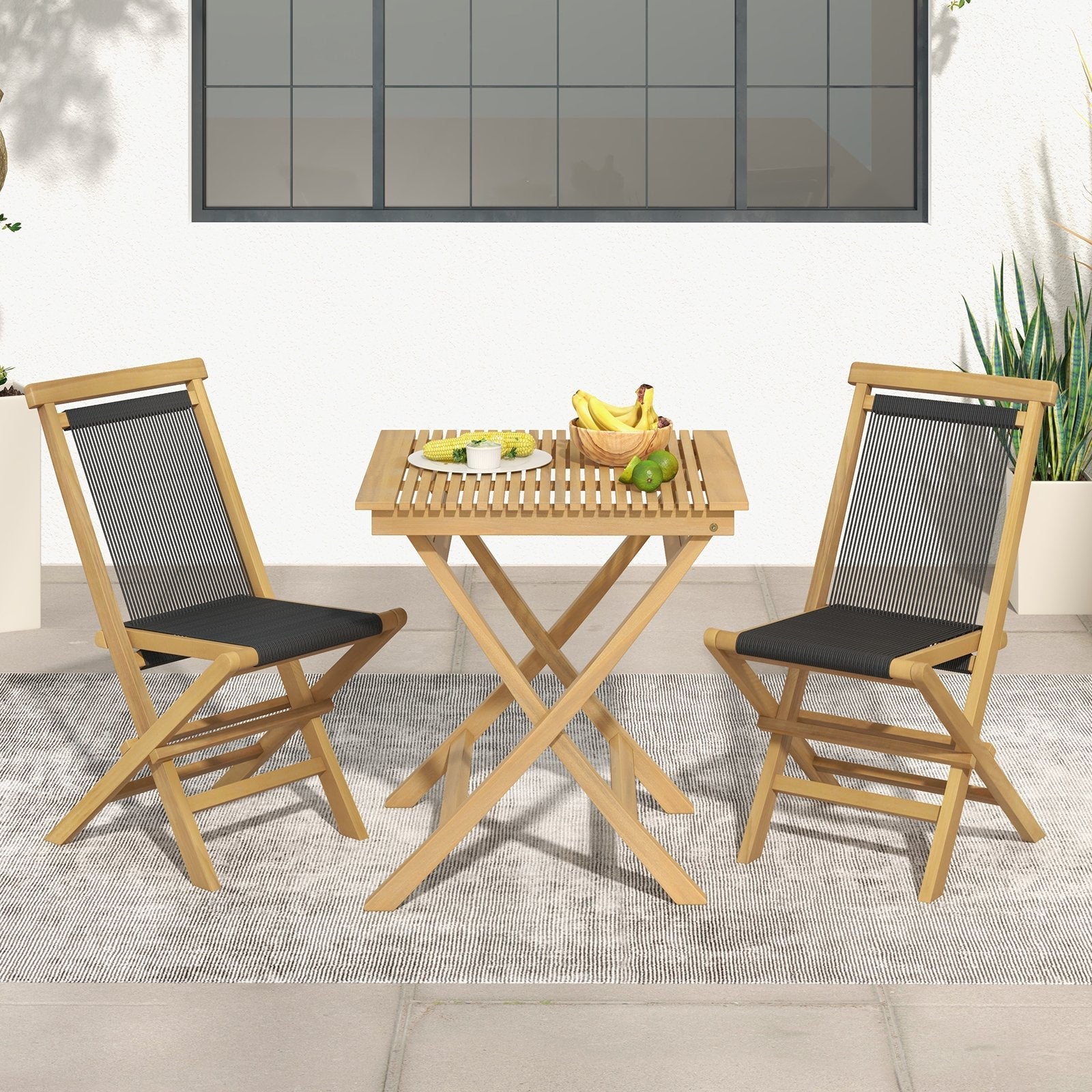 2 Piece Indonesia Teak Patio Folding Chairs with Woven Rope Seat and Back for Porch Backyard Poolside, Natural Patio Dining Chairs   at Gallery Canada