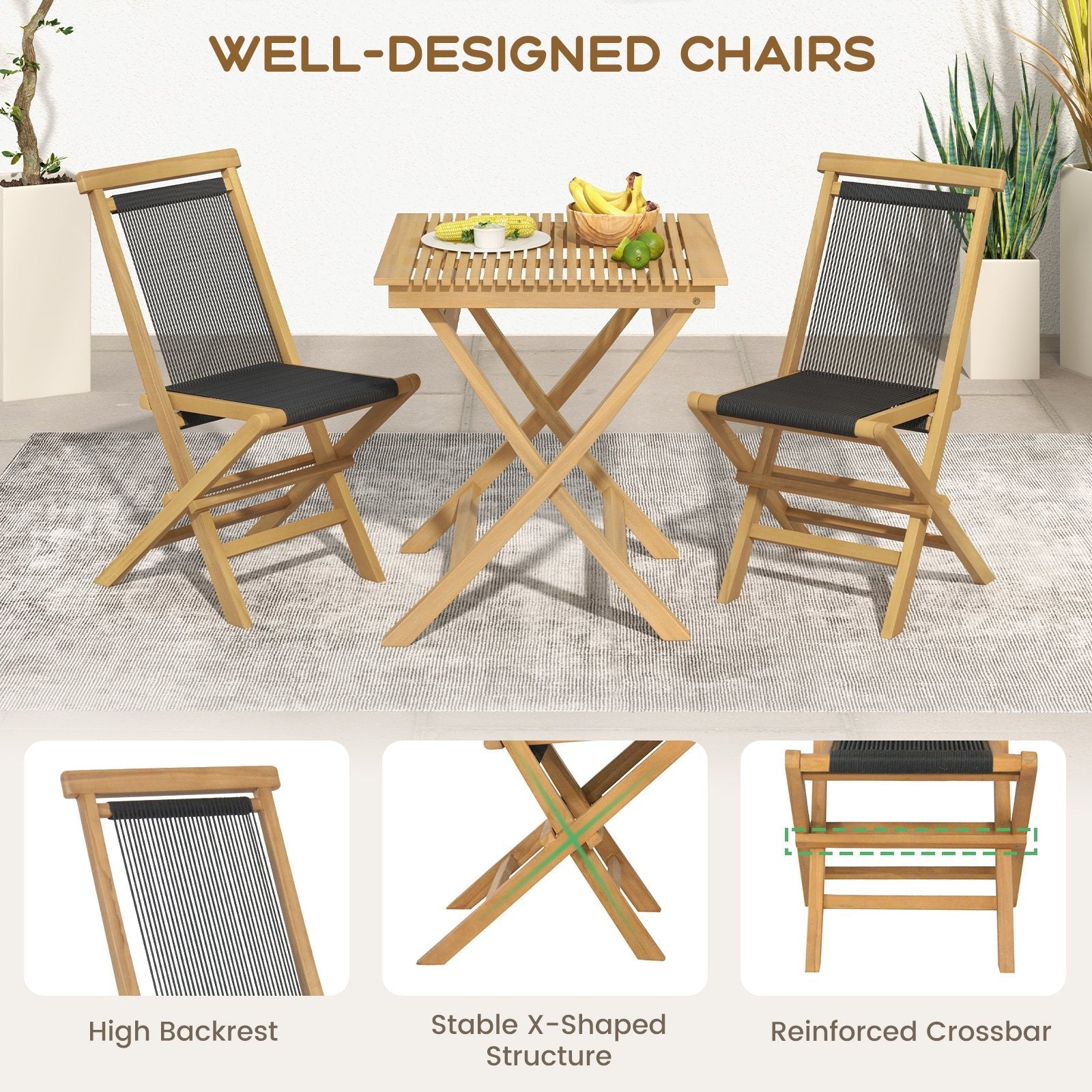 2 Piece Indonesia Teak Patio Folding Chairs with Woven Rope Seat and Back for Porch Backyard Poolside, Natural Patio Dining Chairs   at Gallery Canada