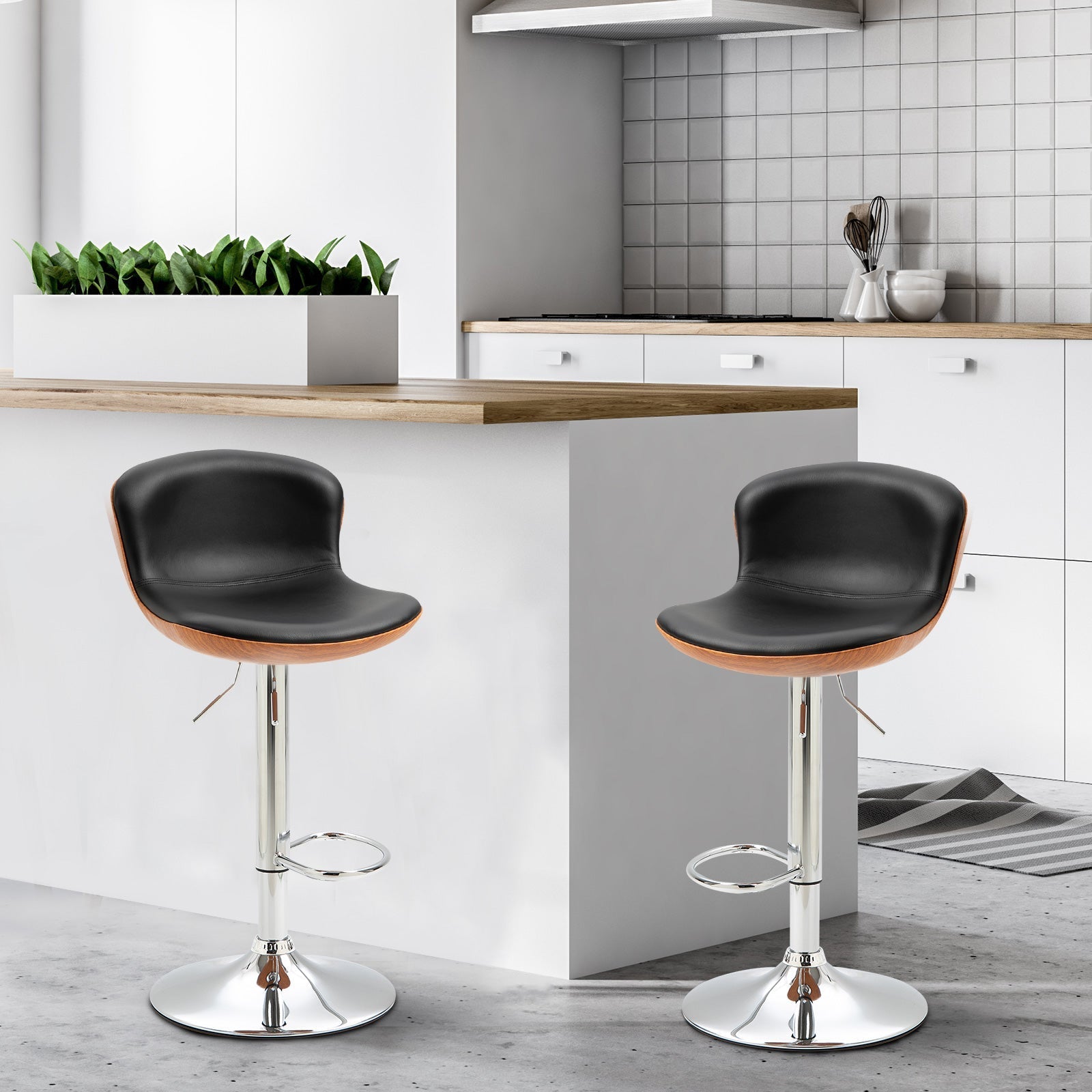 2 Piece Modern Barstools with Backrest Counter Chairs with Footrest Swivel Black Bar Stools   at Gallery Canada