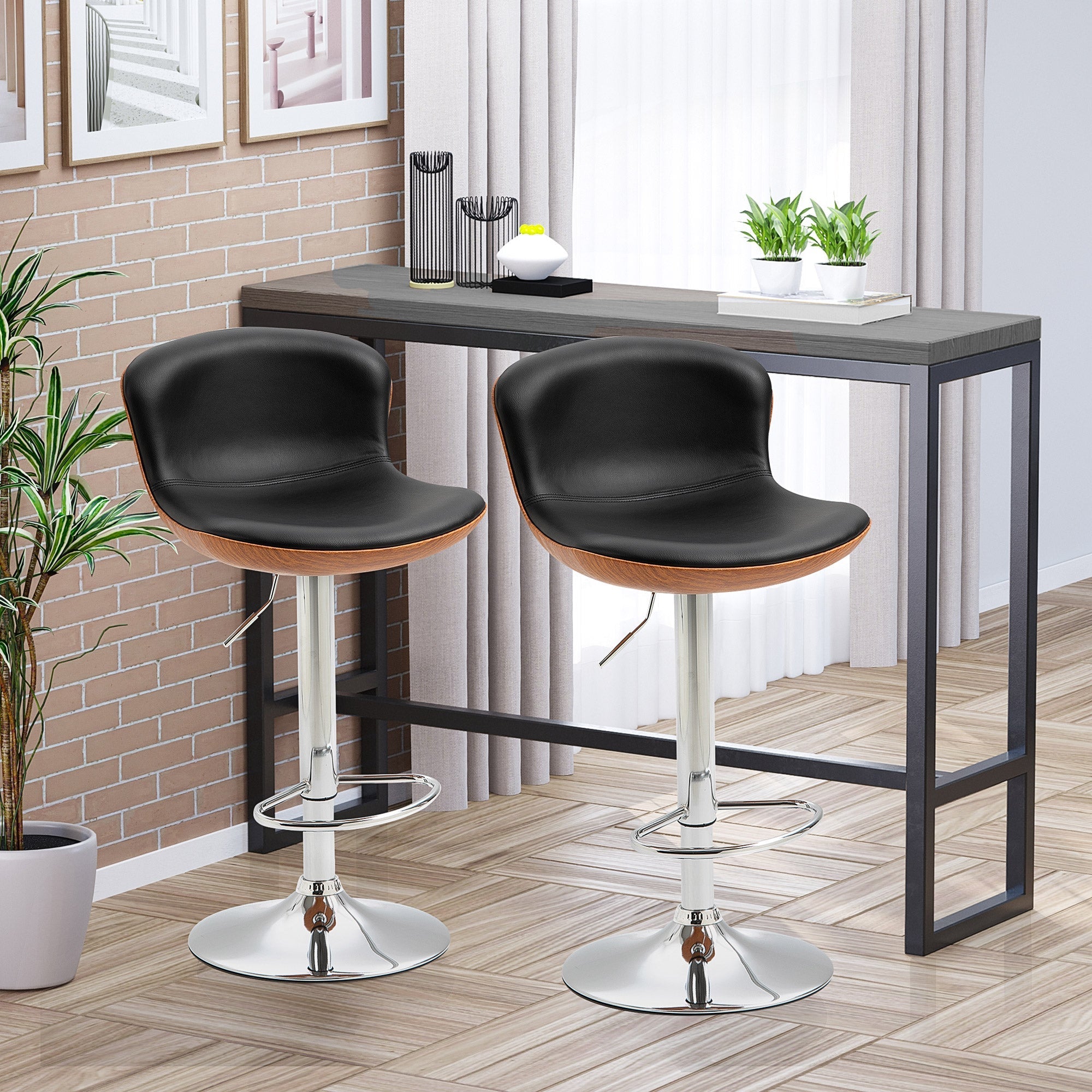 2 Piece Modern Barstools with Backrest Counter Chairs with Footrest Swivel Black Bar Stools   at Gallery Canada