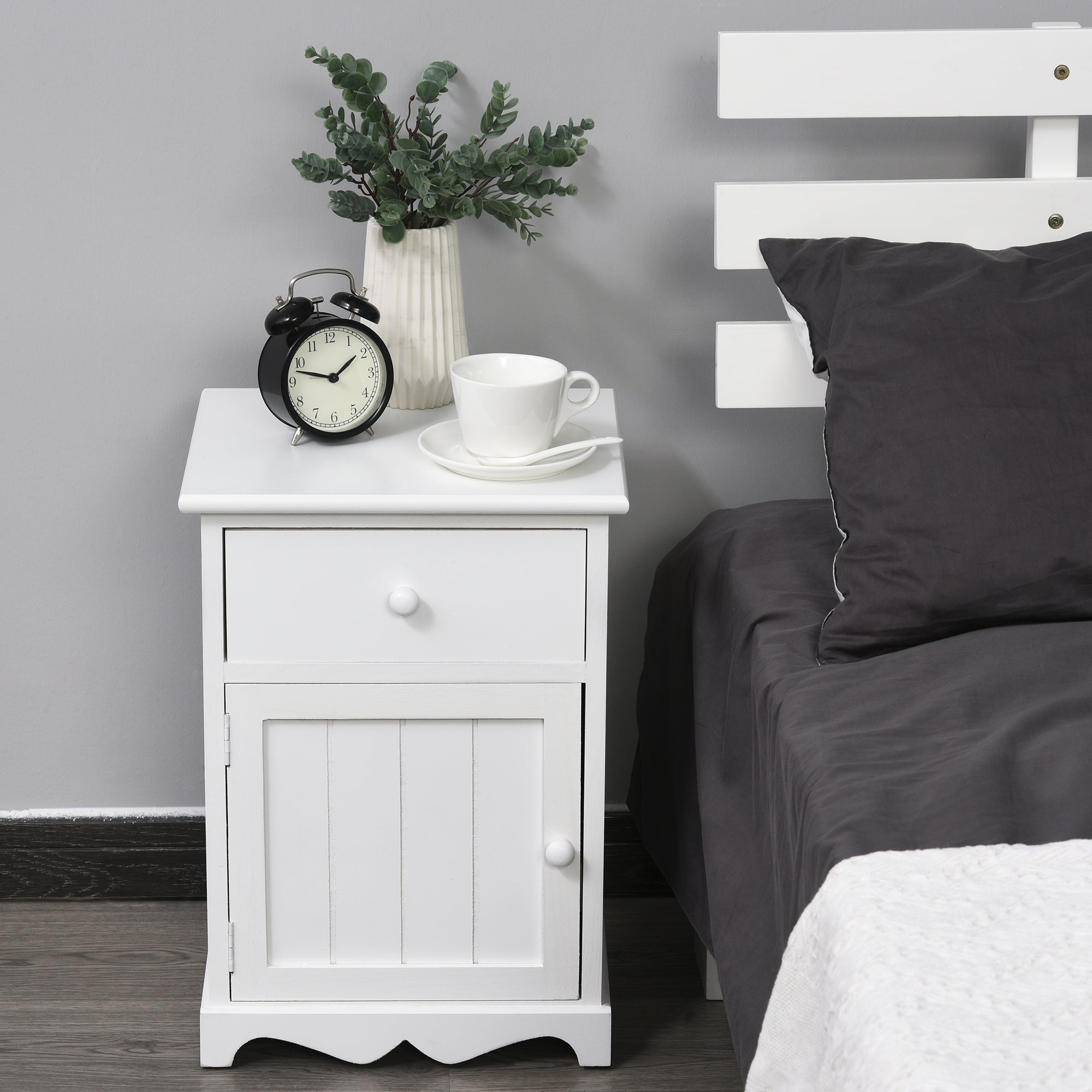 2 Piece Night Stand with 1 Drawer 1 Lower Cabinet, Elegant Bedside Table in Clean Lines and Curved Base, Home Furniture, White Bedside Tables   at Gallery Canada