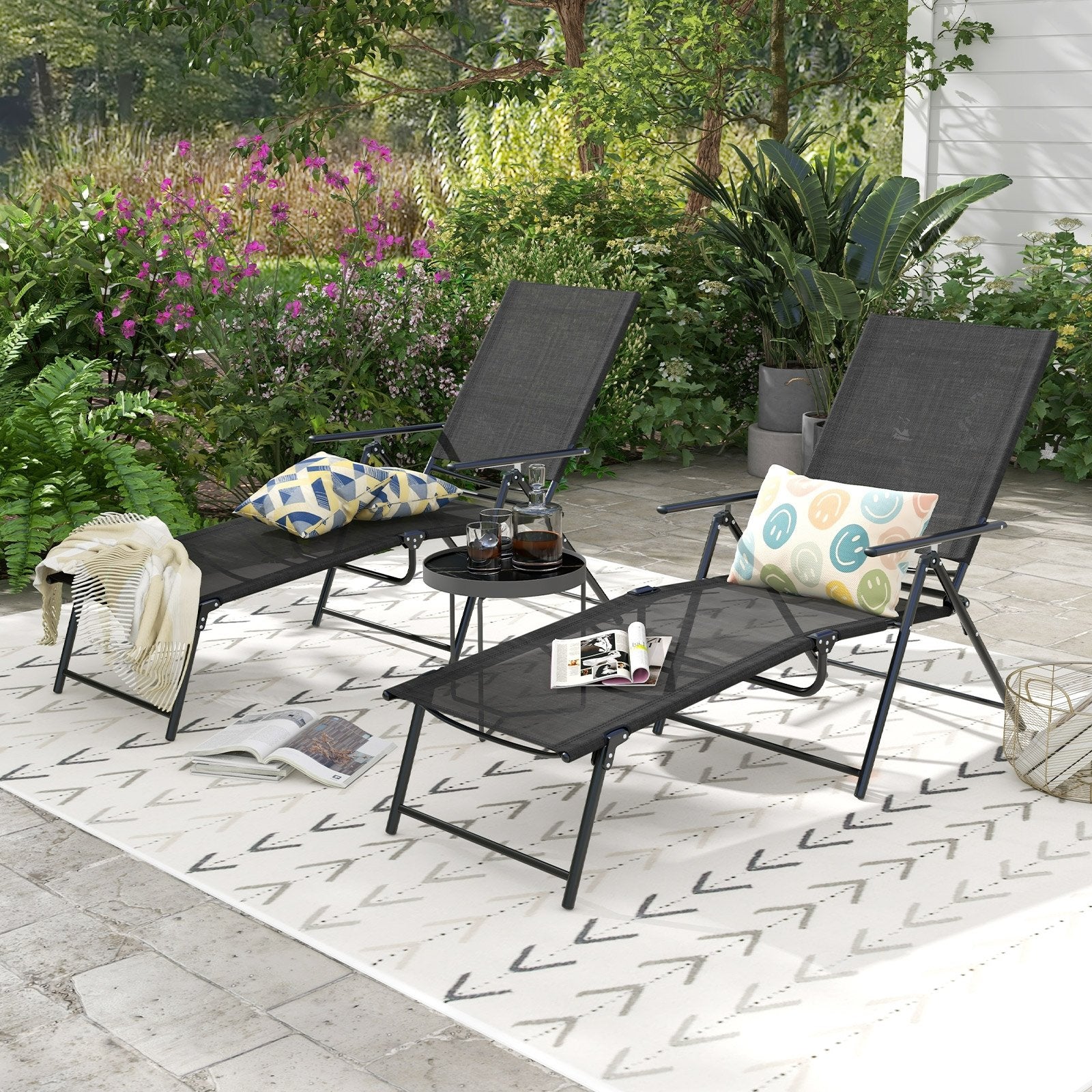 2 Piece Patio Folding Chaise Lounge Chairs Recliner with 6-Level Backrest, Black Outdoor Chaise Lounges   at Gallery Canada