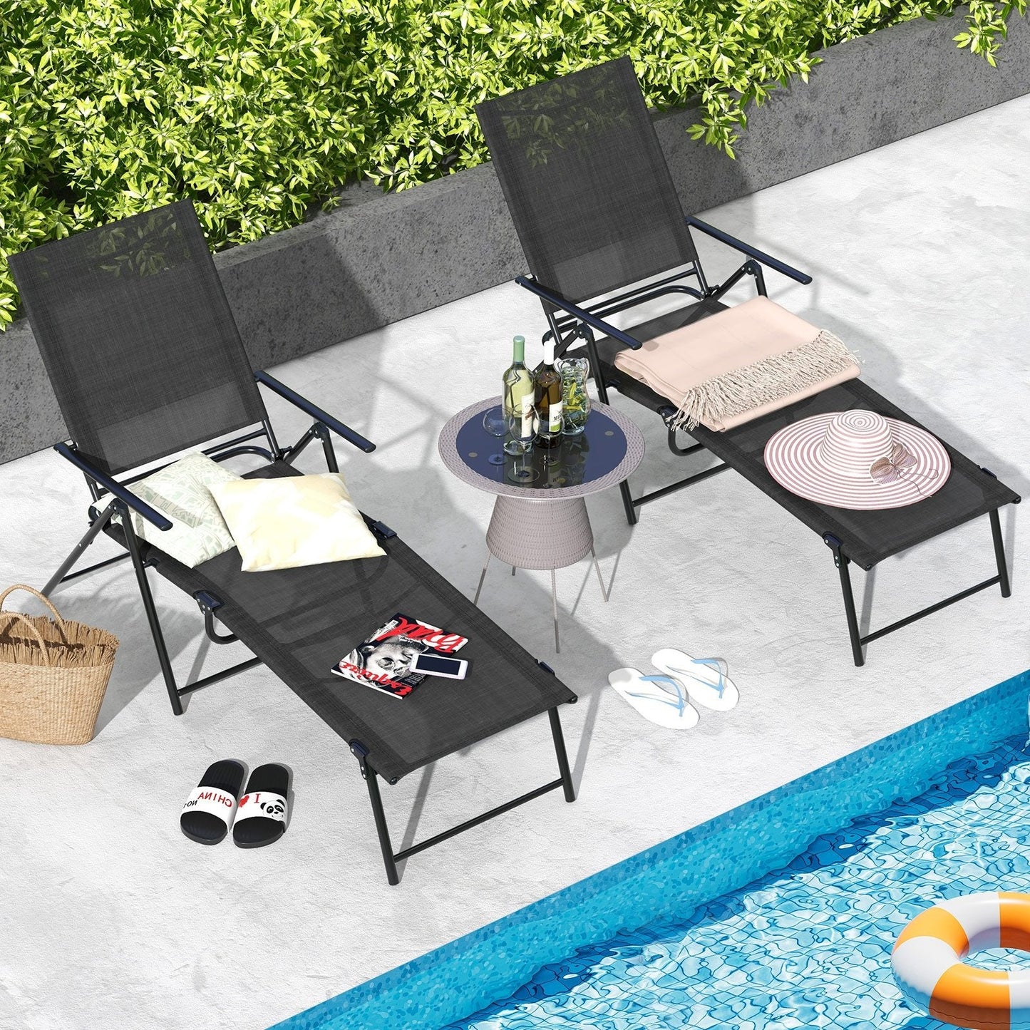 2 Piece Patio Folding Chaise Lounge Chairs Recliner with 6-Level Backrest, Black Outdoor Chaise Lounges   at Gallery Canada