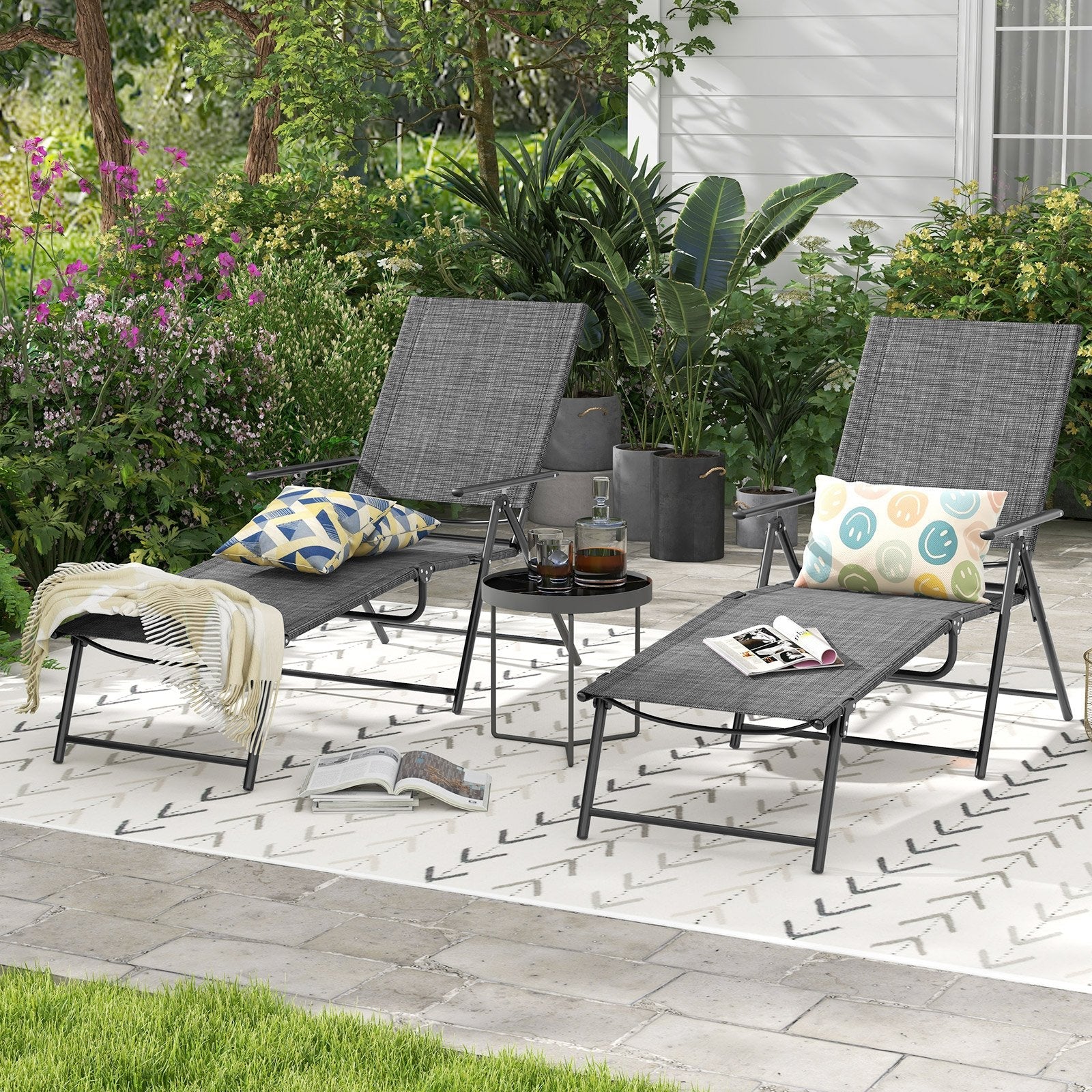 2 Piece Patio Folding Chaise Lounge Chairs Recliner with 6-Level Backrest, Gray Outdoor Chaise Lounges   at Gallery Canada