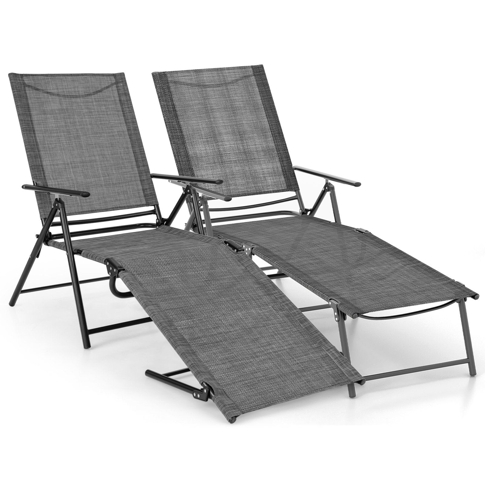 2 Piece Patio Folding Chaise Lounge Chairs Recliner with 6-Level Backrest, Gray Outdoor Chaise Lounges   at Gallery Canada