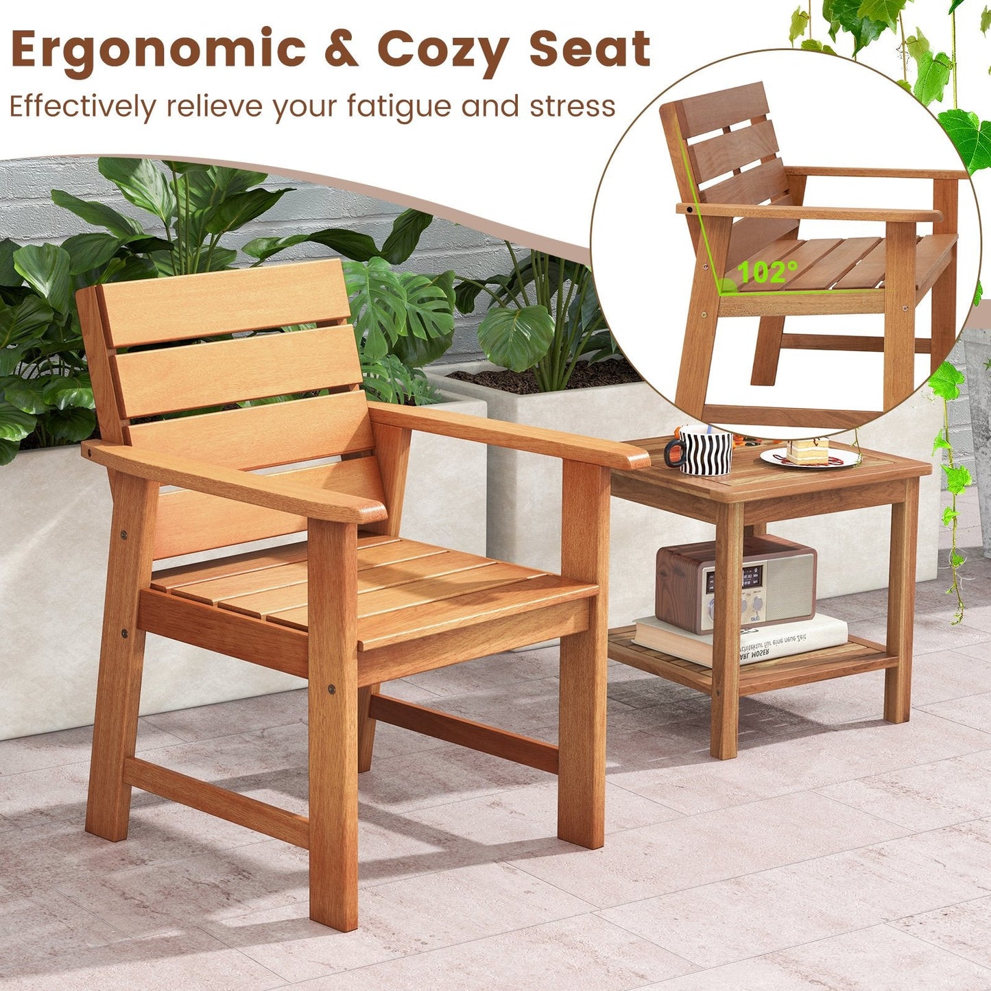 2 Piece Patio Hardwood Chair with Slatted Seat and Inclined Backrest, Natural Patio Dining Chairs   at Gallery Canada