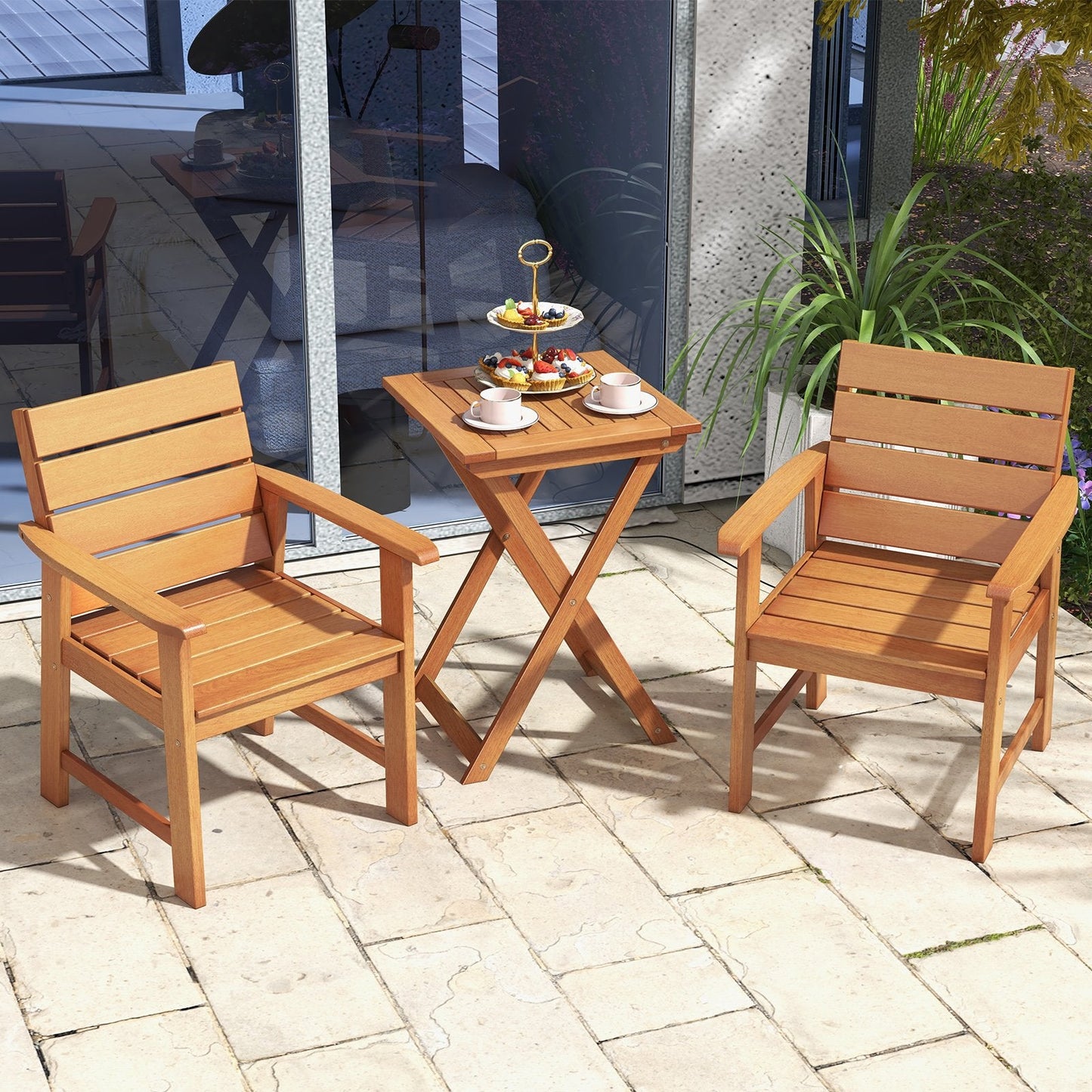 2 Piece Patio Hardwood Chair with Slatted Seat and Inclined Backrest, Natural Patio Dining Chairs   at Gallery Canada