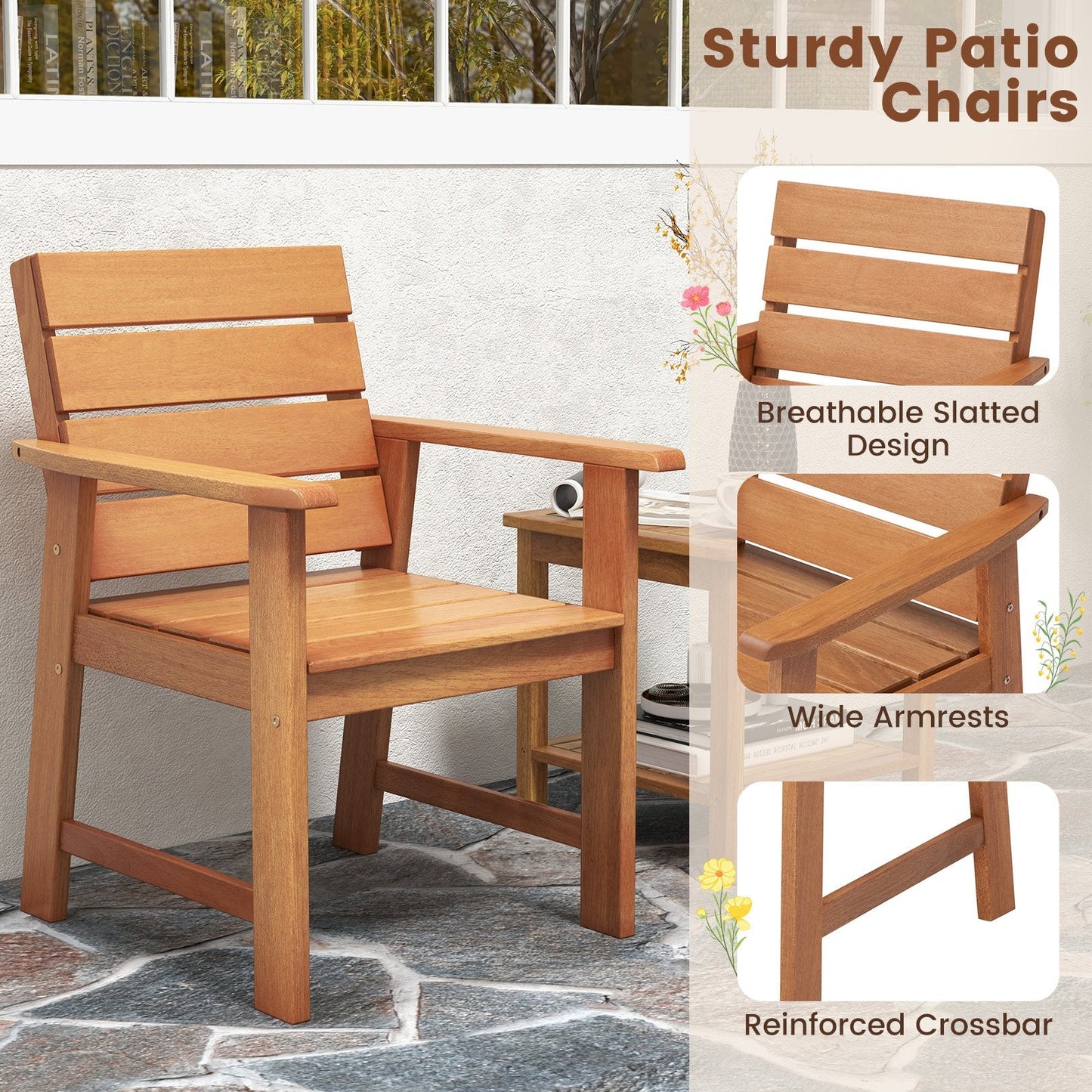 2 Piece Patio Hardwood Chair with Slatted Seat and Inclined Backrest, Natural Patio Dining Chairs   at Gallery Canada