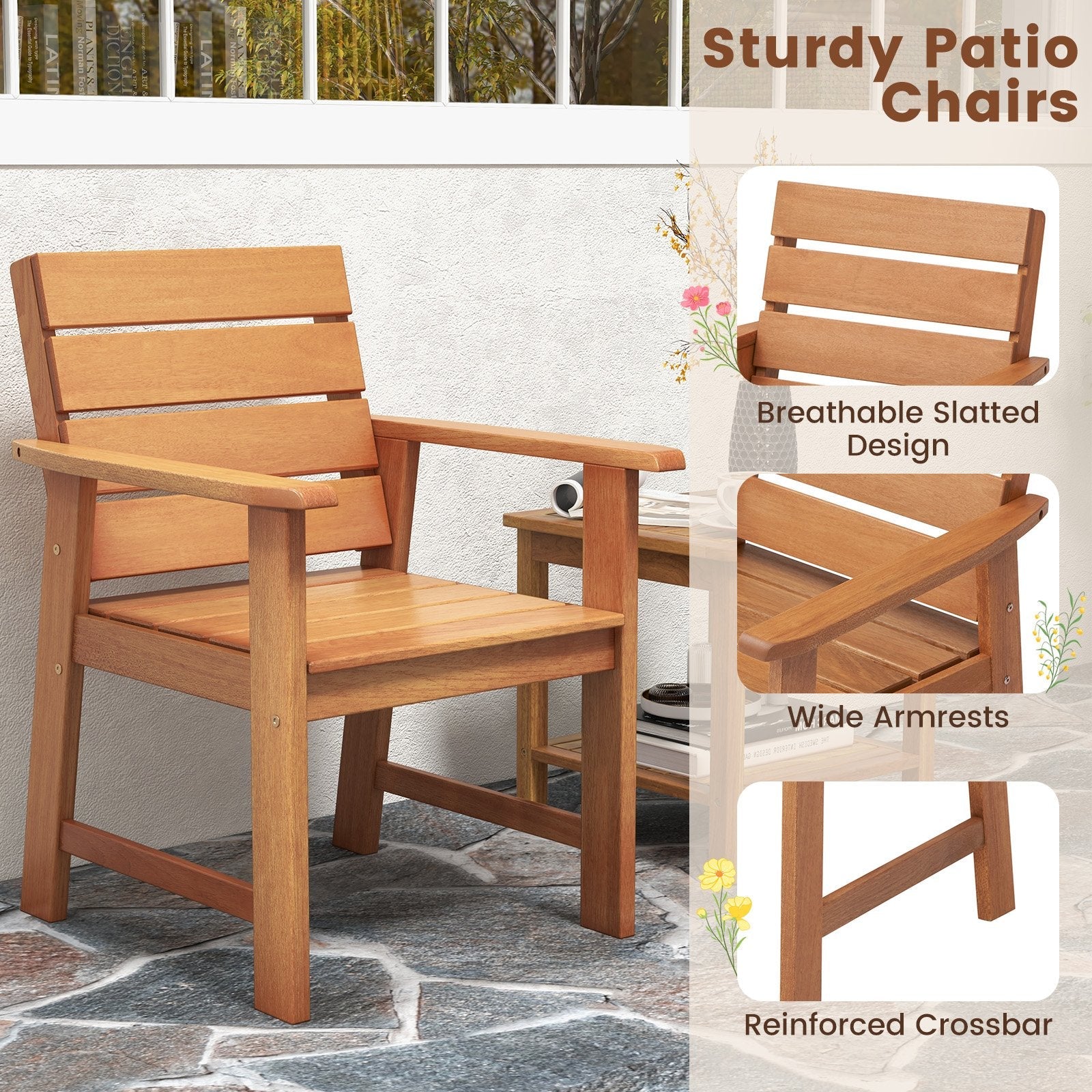 2 Piece Patio Hardwood Chair with Slatted Seat and Inclined Backrest, Natural Patio Dining Chairs   at Gallery Canada