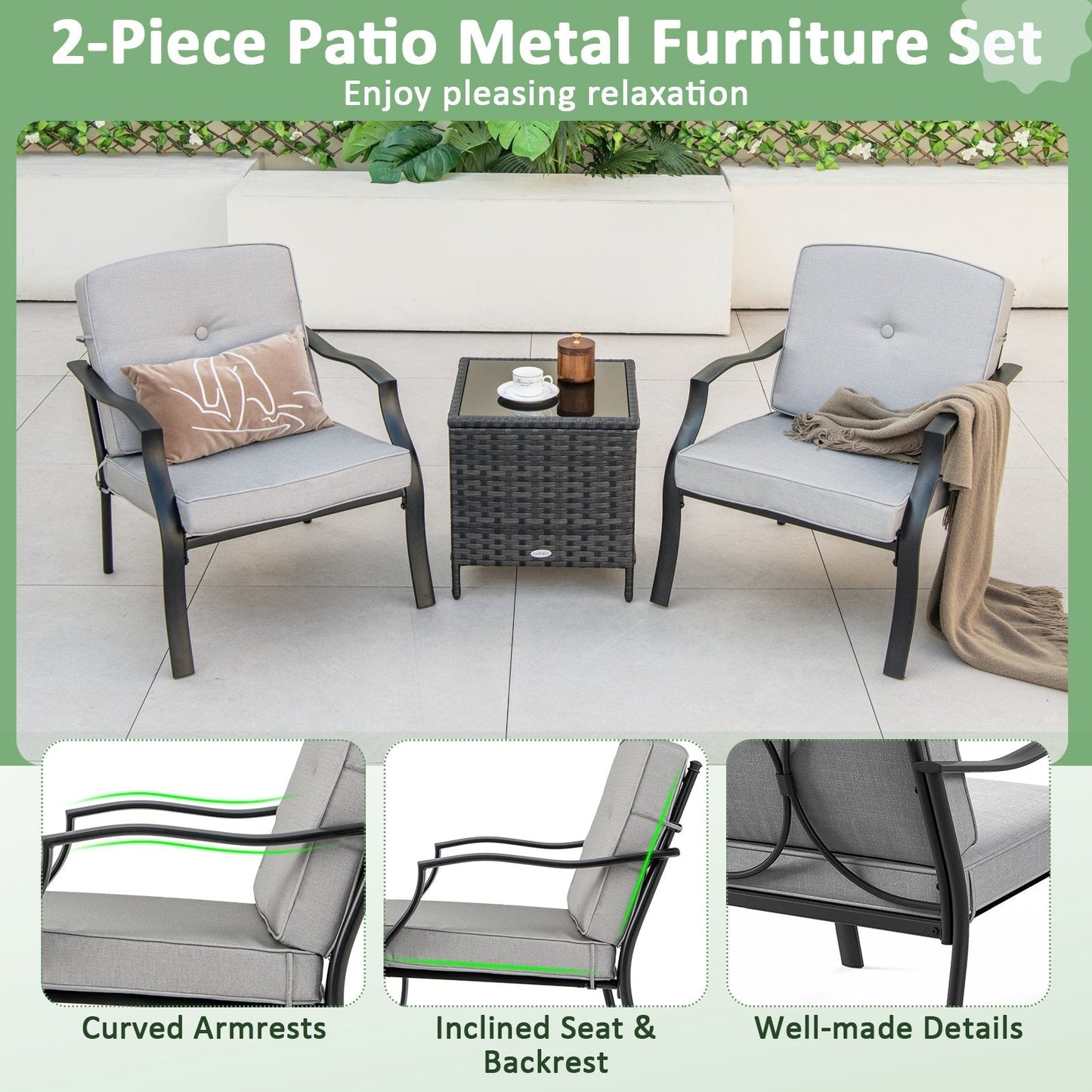 2 Piece Patio Metal Chairs with Seat and Back Cushions, Gray Patio Dining Chairs   at Gallery Canada