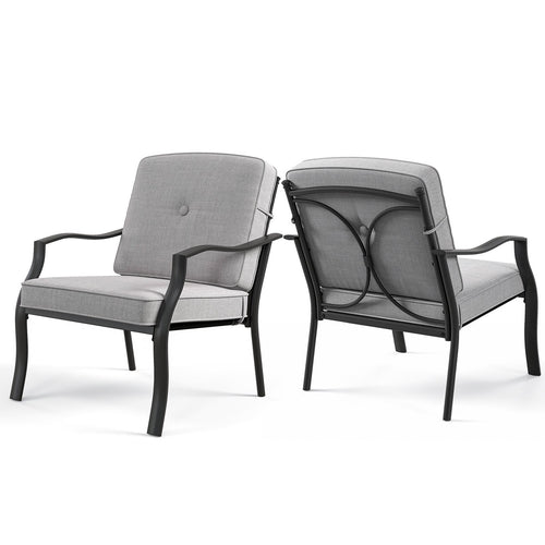 2 Piece Patio Metal Chairs with Seat and Back Cushions, Gray