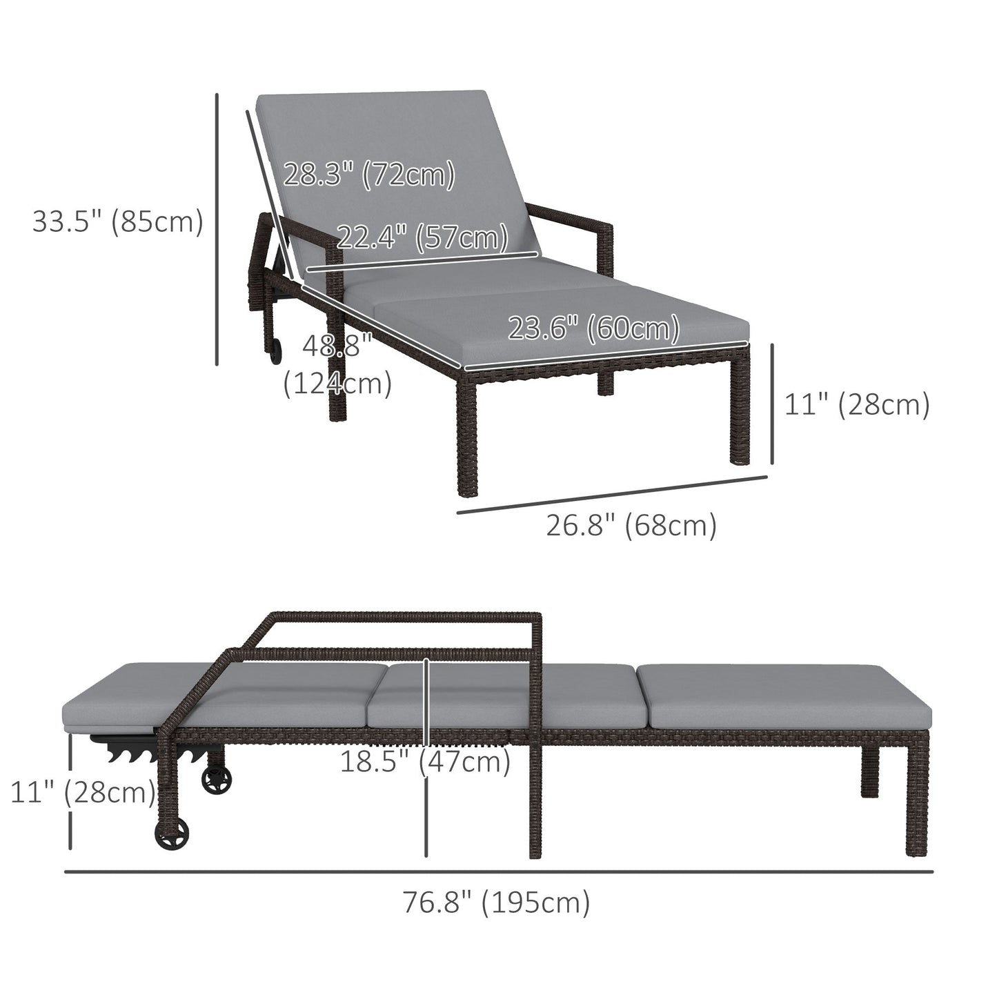 2 Piece Wicker Chaise Lounger PE Rattan Outdoor Lounge Chair Recliner with Adjustable Backrest and 2 Wheels, Grey Chaise Loungers Grey  at Gallery Canada