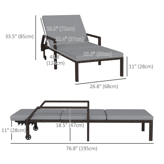 2 Piece Wicker Chaise Lounger PE Rattan Outdoor Lounge Chair Recliner with Adjustable Backrest and 2 Wheels, Grey Chaise Loungers   at Gallery Canada