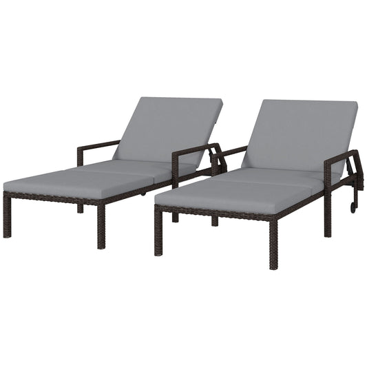 2 Piece Wicker Chaise Lounger PE Rattan Outdoor Lounge Chair Recliner with Adjustable Backrest and 2 Wheels, Grey Chaise Loungers   at Gallery Canada