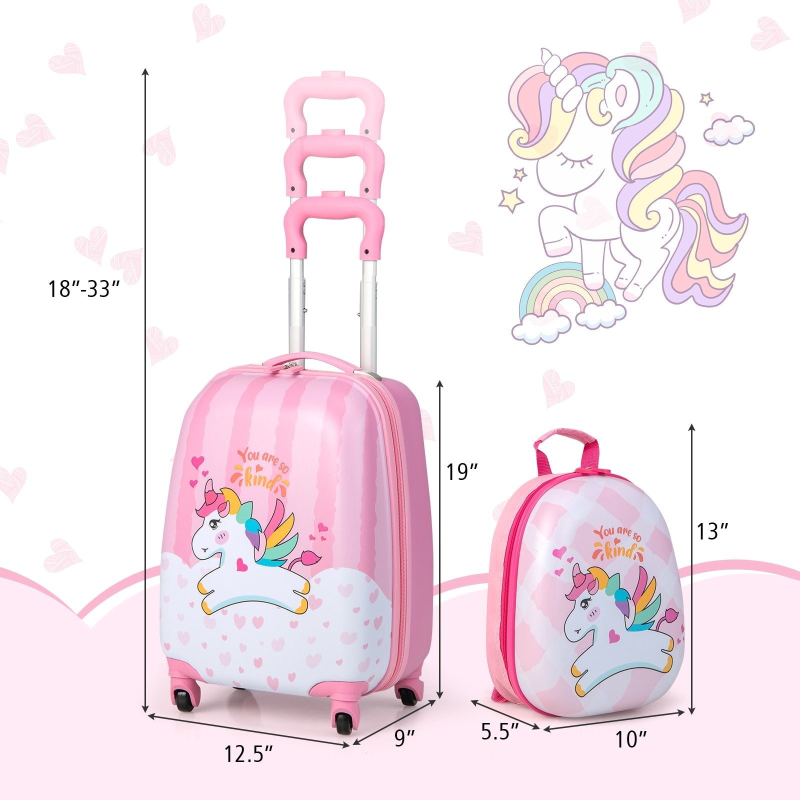 2 Pieces 12 Inch 16 Inch Kids Luggage Set with Backpack and Suitcase for Travel-Lovely Unicorn, Pink Kids Luggage   at Gallery Canada