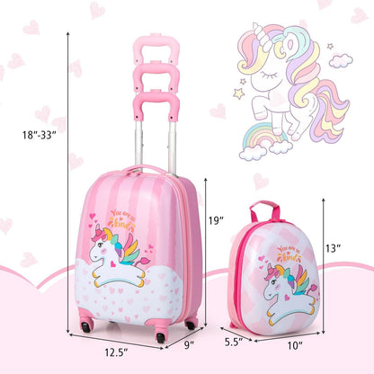 2 Pieces 12 Inch 16 Inch Kids Luggage Set with Backpack and Suitcase for Travel-Lovely Unicorn, Pink Kids Luggage   at Gallery Canada