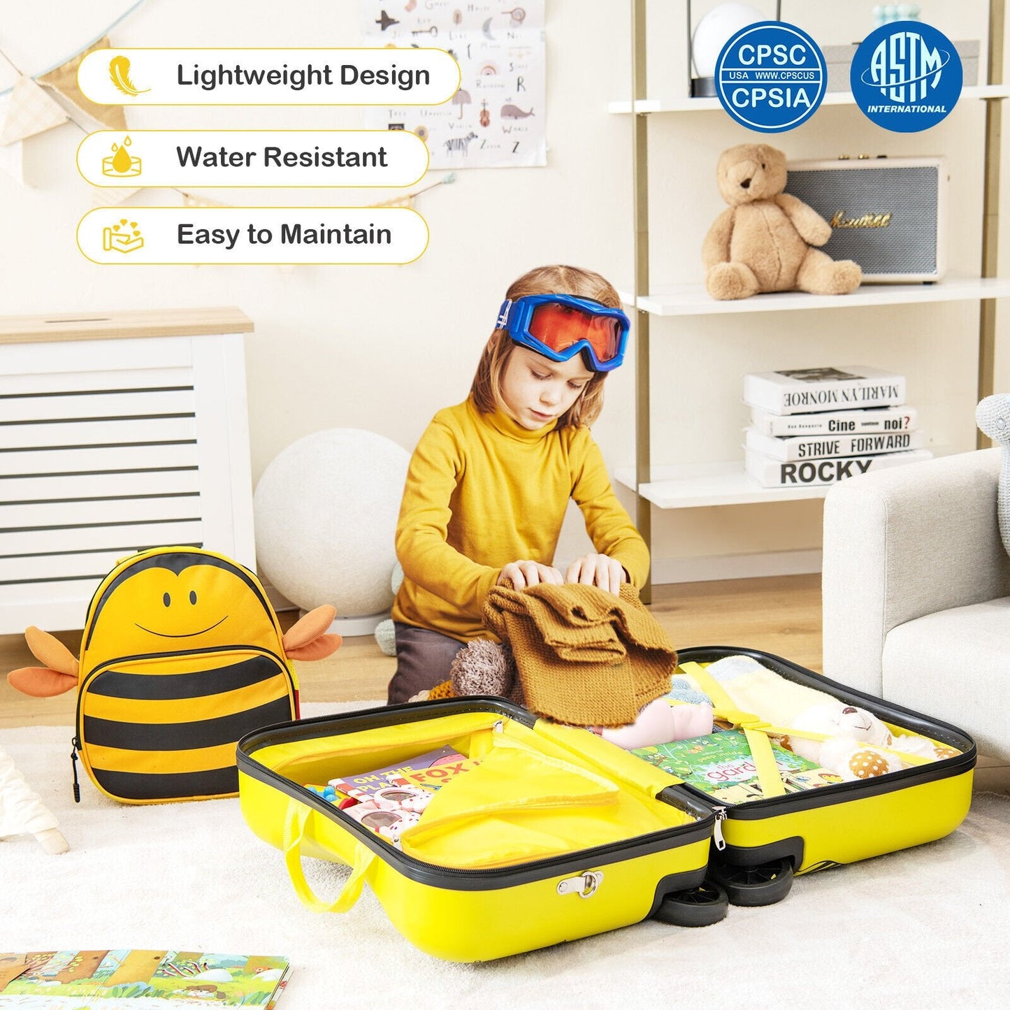 2 Pieces 18 Inch Ride-on Kids Luggage Set with Spinner Wheels and Bee Pattern, Yellow Kids Luggage   at Gallery Canada